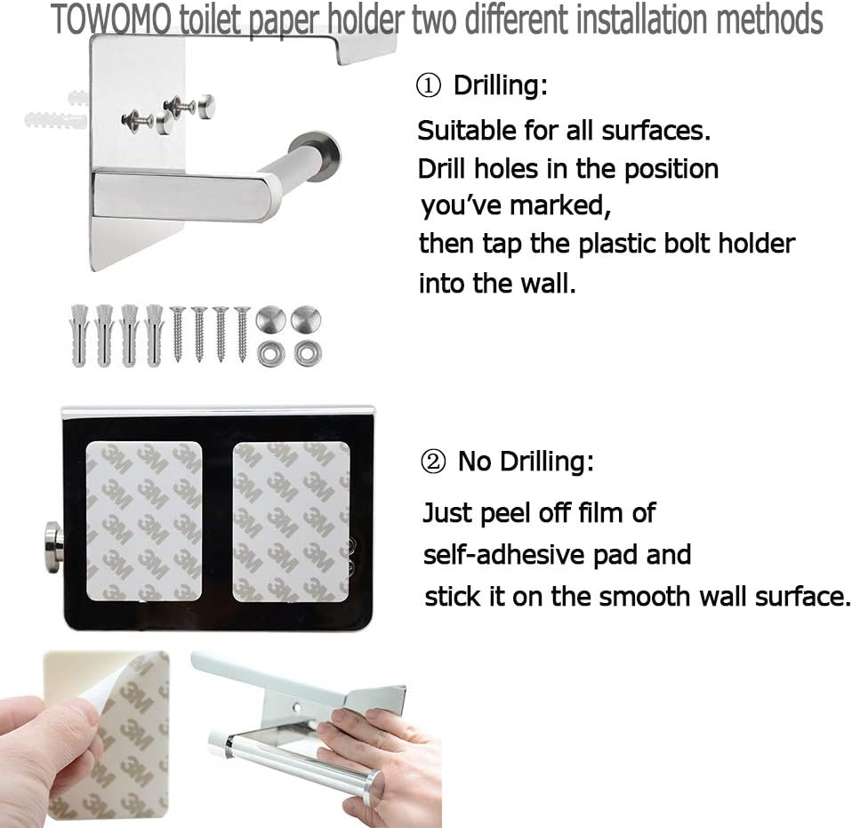 TOWOMO Toilet Paper Roll Holder with Shelf, Two Installation Methods Drill or No Drilling Adhesive Wall Mounted SUS304 Stainless Steel Tissue Dispenser image number 3