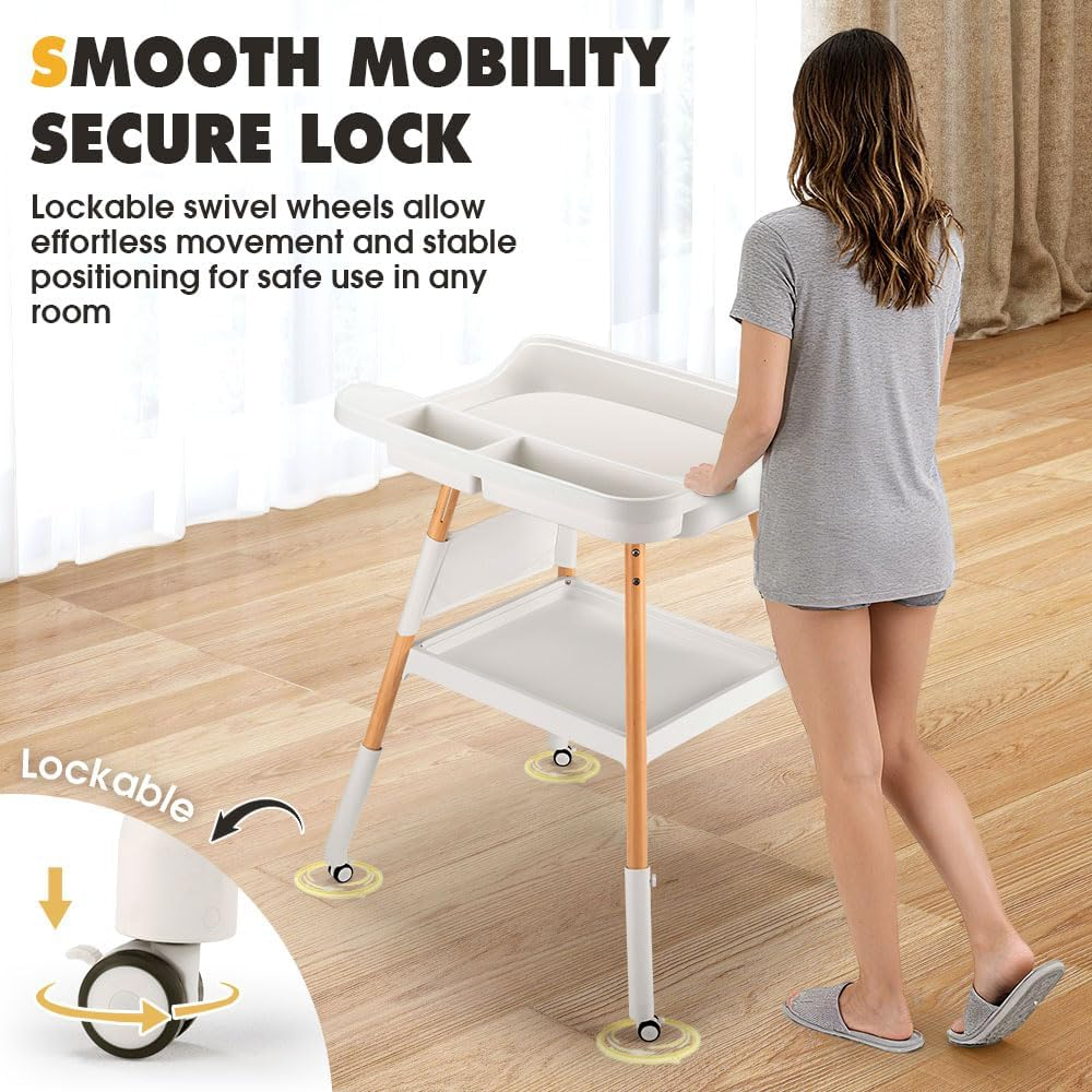 Playpals Baby Changing Table with Wheels, Adjustable Height Diaper Changing Station with Waterproof PU Pad & Storage Organizer, Beech Wood Mobile Nursery Change Table for Newborn & Infant image number 1