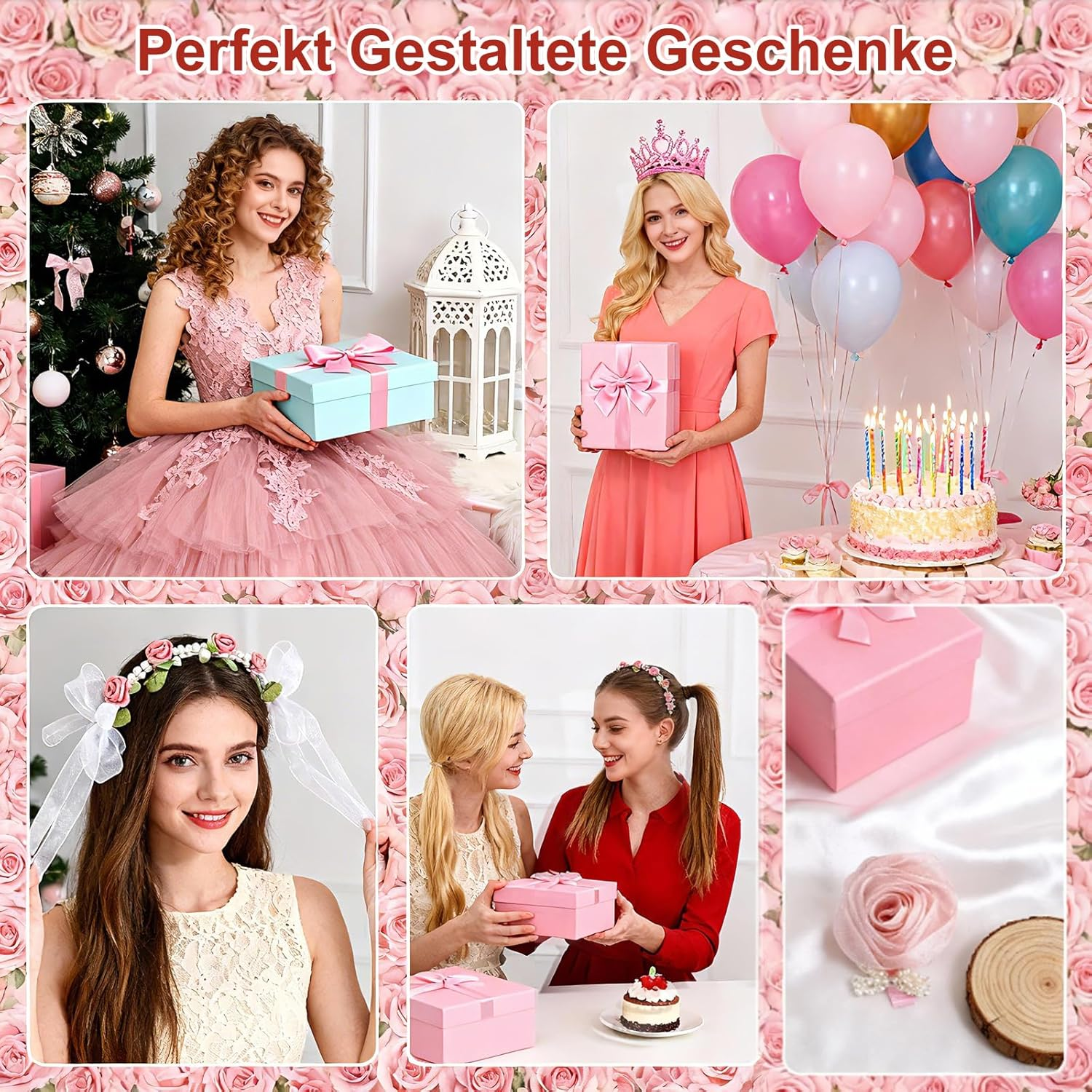 VOSSOT Set of 2 Flower Wreath Hair Band Set with Pearls Flower Headband Pink & Cream Flower Hair Wreath for Wedding, Oktoberfest, Dirndl, Party, Photo Shooting image number 3