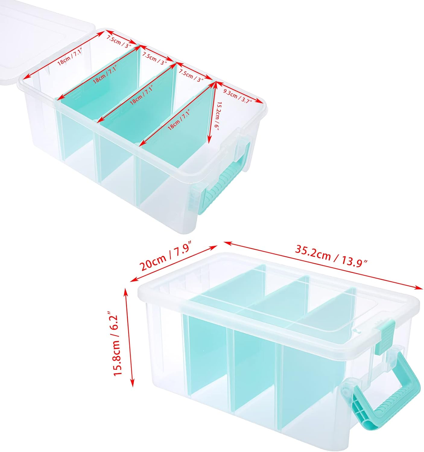 OGA Plastic Transparent Storage Box with Lid, Multi-Purpose Organiser with Carry Handle and 3 Removable Compartments, Dustproof Box for Crafts, Crafts (35.2 X 20 X 15.8 Cm) Modern Home Decoration image number 2