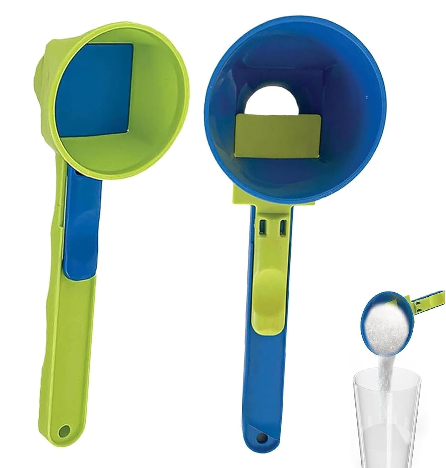 2 PCS Funnel Scoop for Gym,Protein Powder Funnel Spoon,Sliding Measuring Scoop with Funnel,Spill-Proof Funnel Scooper with Silding Base with Long Handle， 2 in 1 Measuring Slide Scoop (Blue ，Green) image number 2