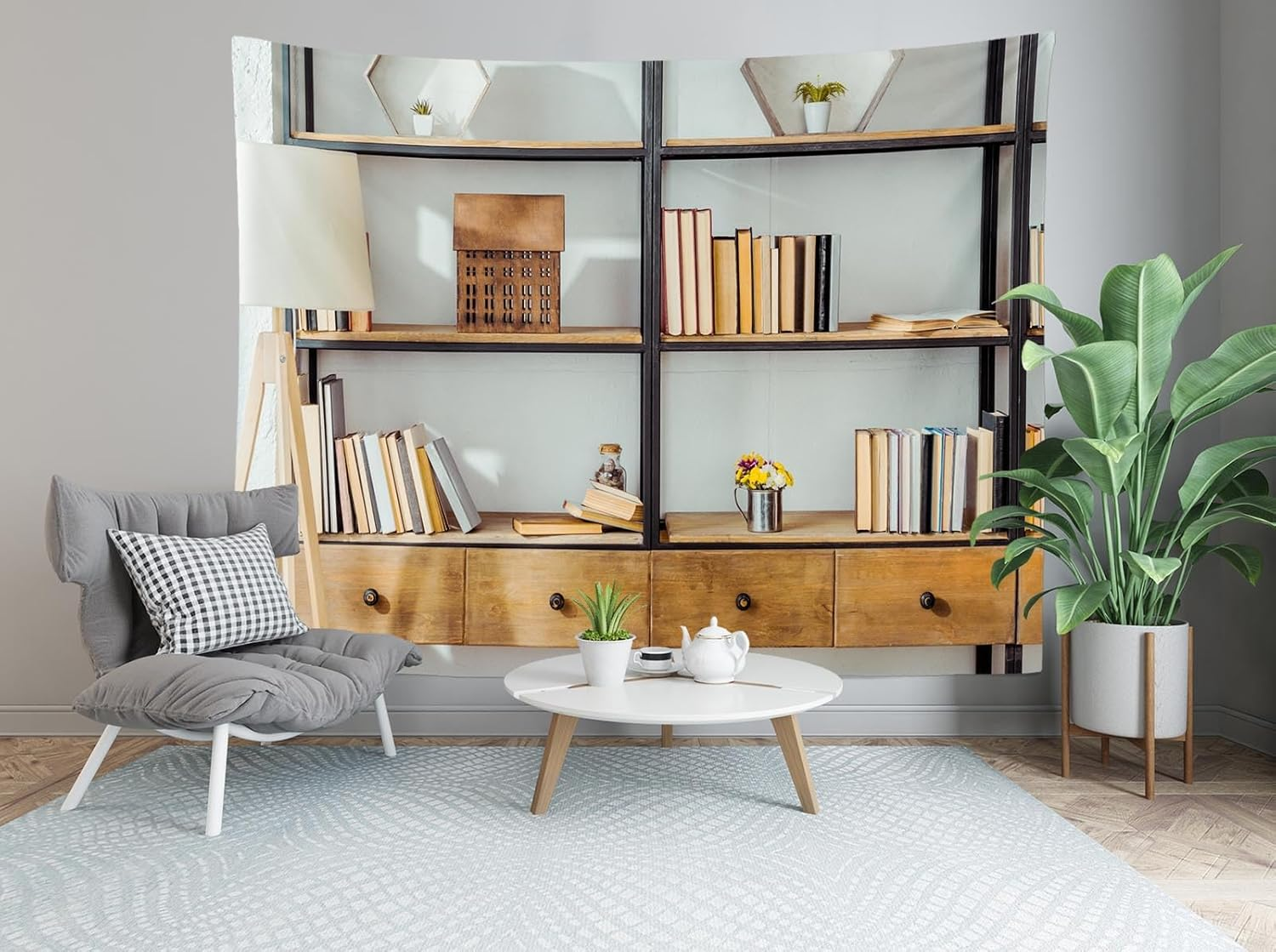 BELECO 9X6Ft Fabric Living Room Bookshelf Backdrop Empty Room with Bookcase, Zoom Calls Video Recording Background Home Office Decor Zoom Meetings Photo Studio Props