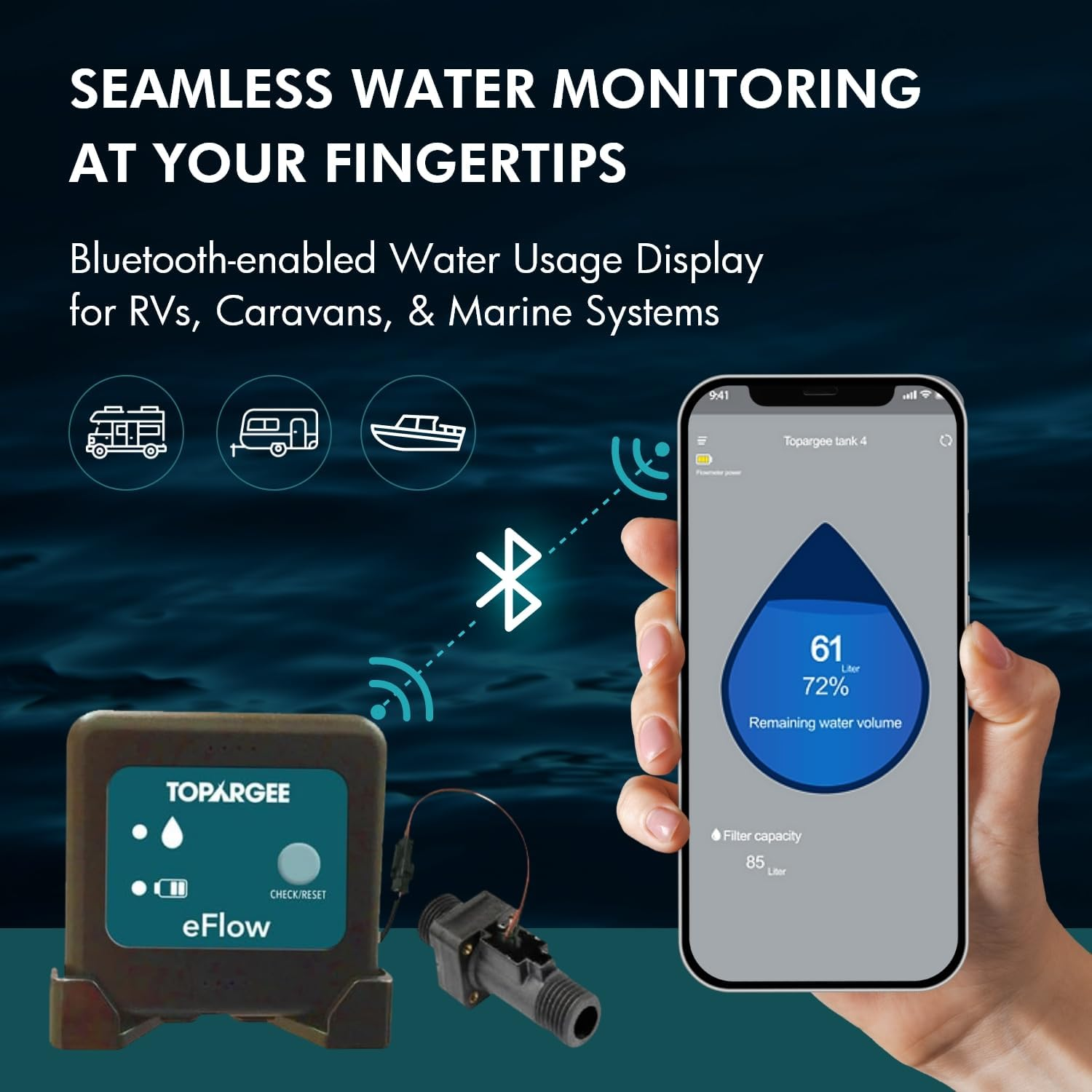 Topargee Bluetooth Water Tank Gauge - Real-Time RV, Caravan & Boat Accessory - Accurate RV Water Tank Level, Flow Monitoring (Litres/Gallons), Easy Setup, Tracks Usage, Memory Storage, App Integration image number 2