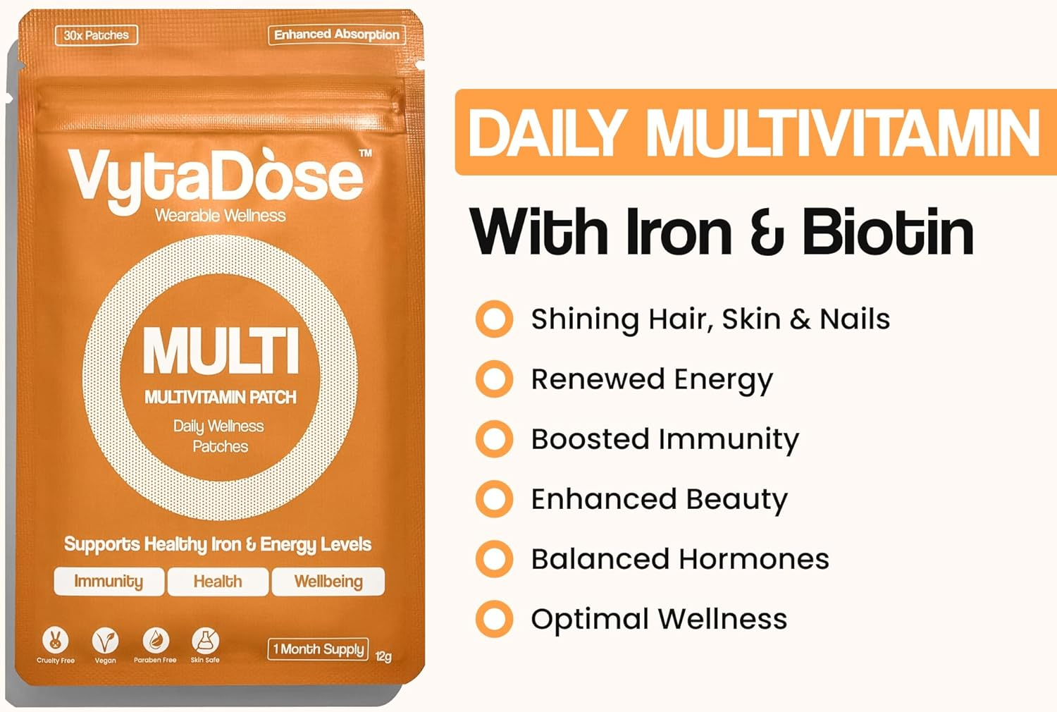 Vytadose MULTIVITAMIN for Women, Womens Multivitamin Patches with Iron & Biotin, RDI Iron+ 26 Essential Daily Vitamins & Minerals, No Nausea, 8-Hour Time-Release Women'S Vitamins for Better Absorption image number 1