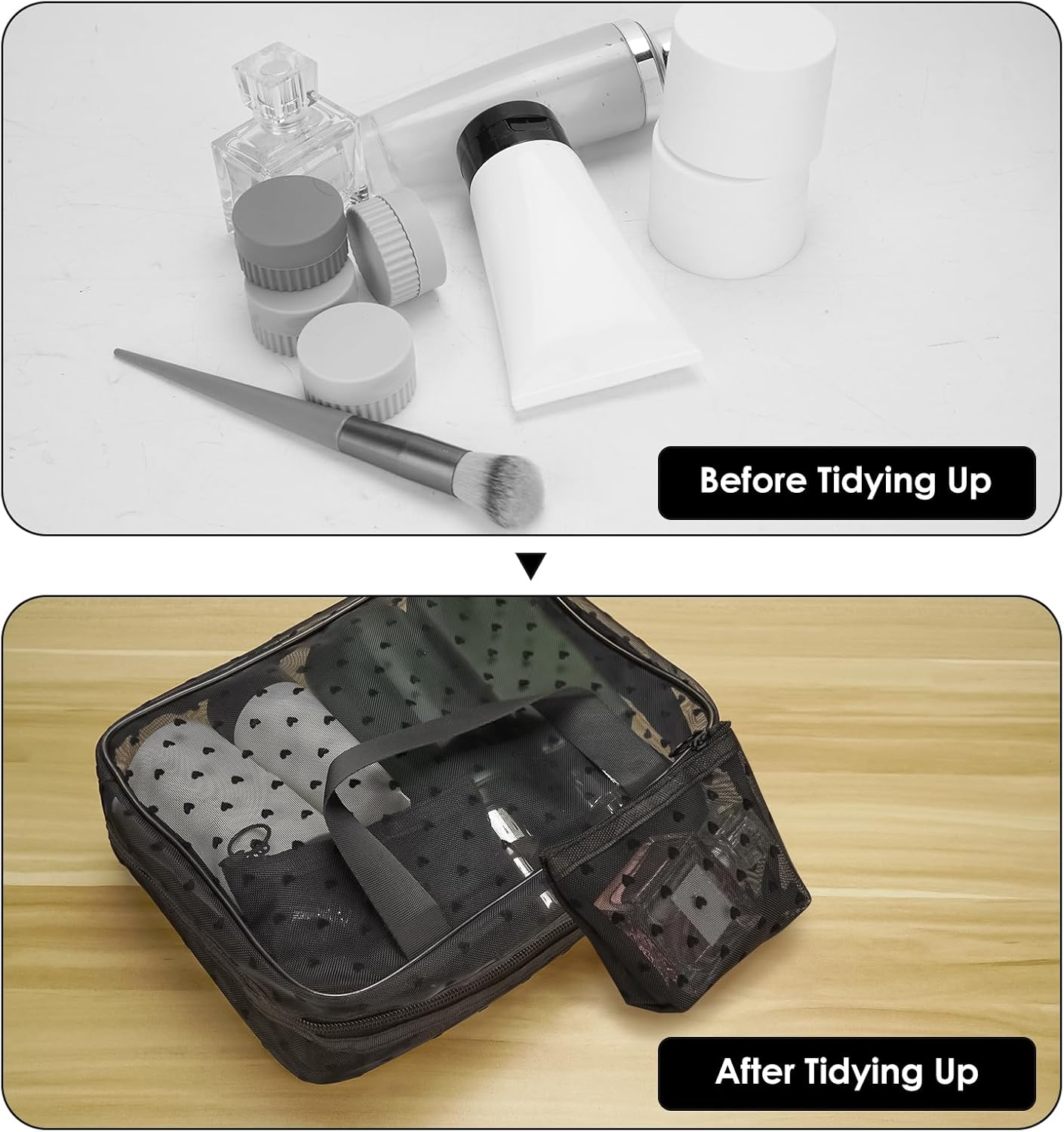 Mesh Makeup Bags, Heart Print Zipper Mesh Storage Pouch, Travel Cosmetic Accessories Organizer for Women, Black-Set of 3 - Black, Beige, Pink image number 3