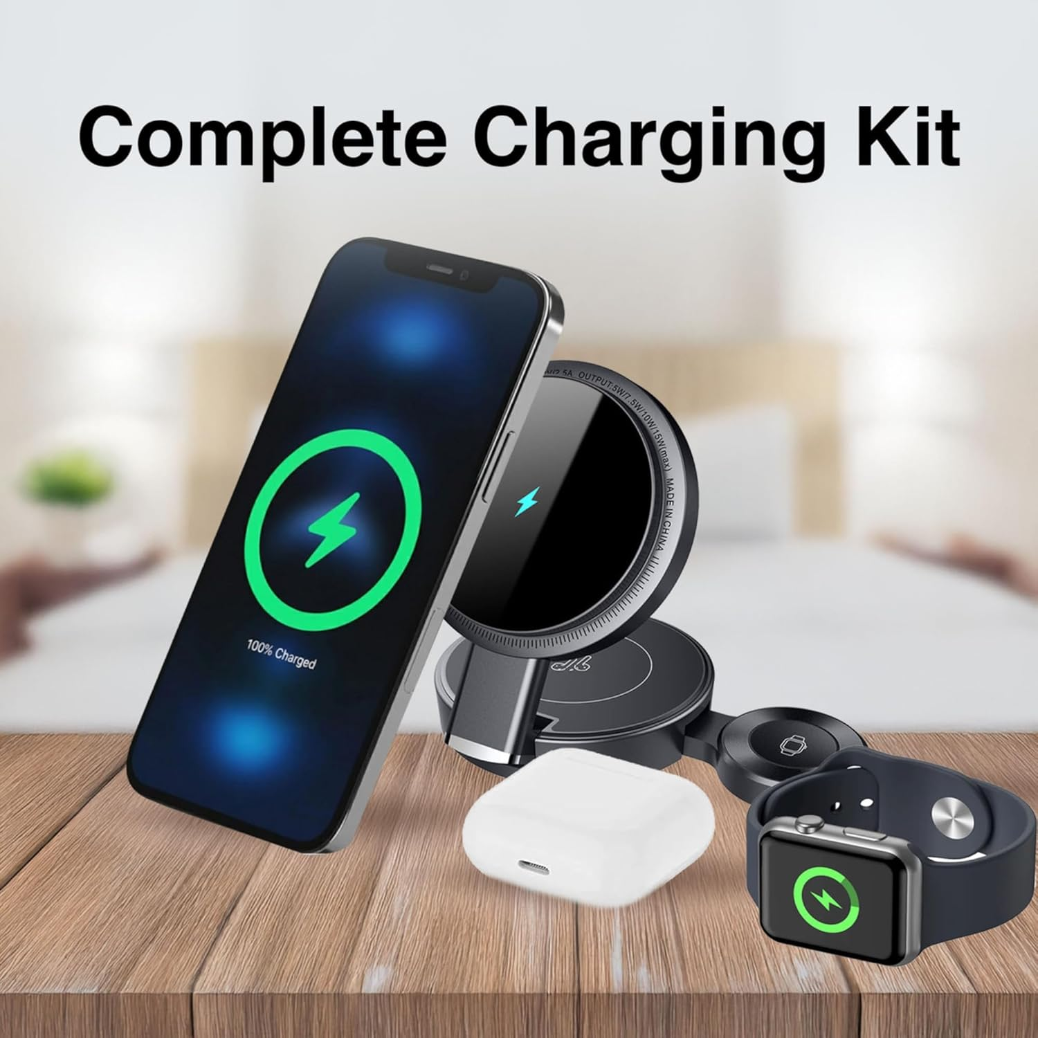Laser Chargecore 3 in 1 Foldable Wireless Charging Stand, Magsafe Compatible 15W Fast Charge, USB-C Powered, Includes 20W USB-C Wall Charger, for Compatible Phone Watch and Earbuds, Travel Ready