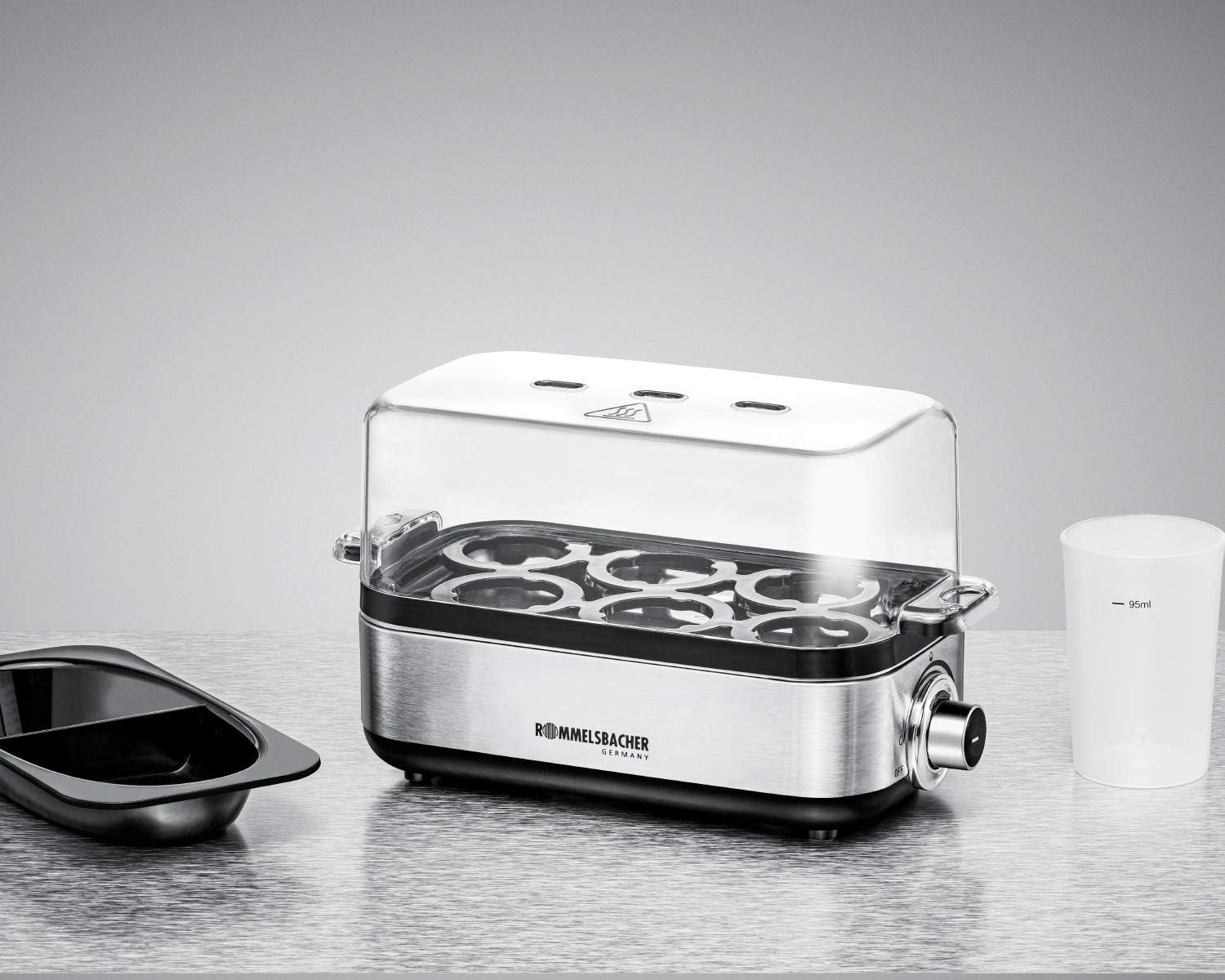 ROMMELSBACHER ER 600 Egg Cooker - for 1-6 Eggs, Adjustable Hardness, Electronic Cooking Time Monitoring, Stainless Steel Heating Bowl, Measuring Cup with Egg Pick, Poaching Insert, Cable Storage, 400 image number 2