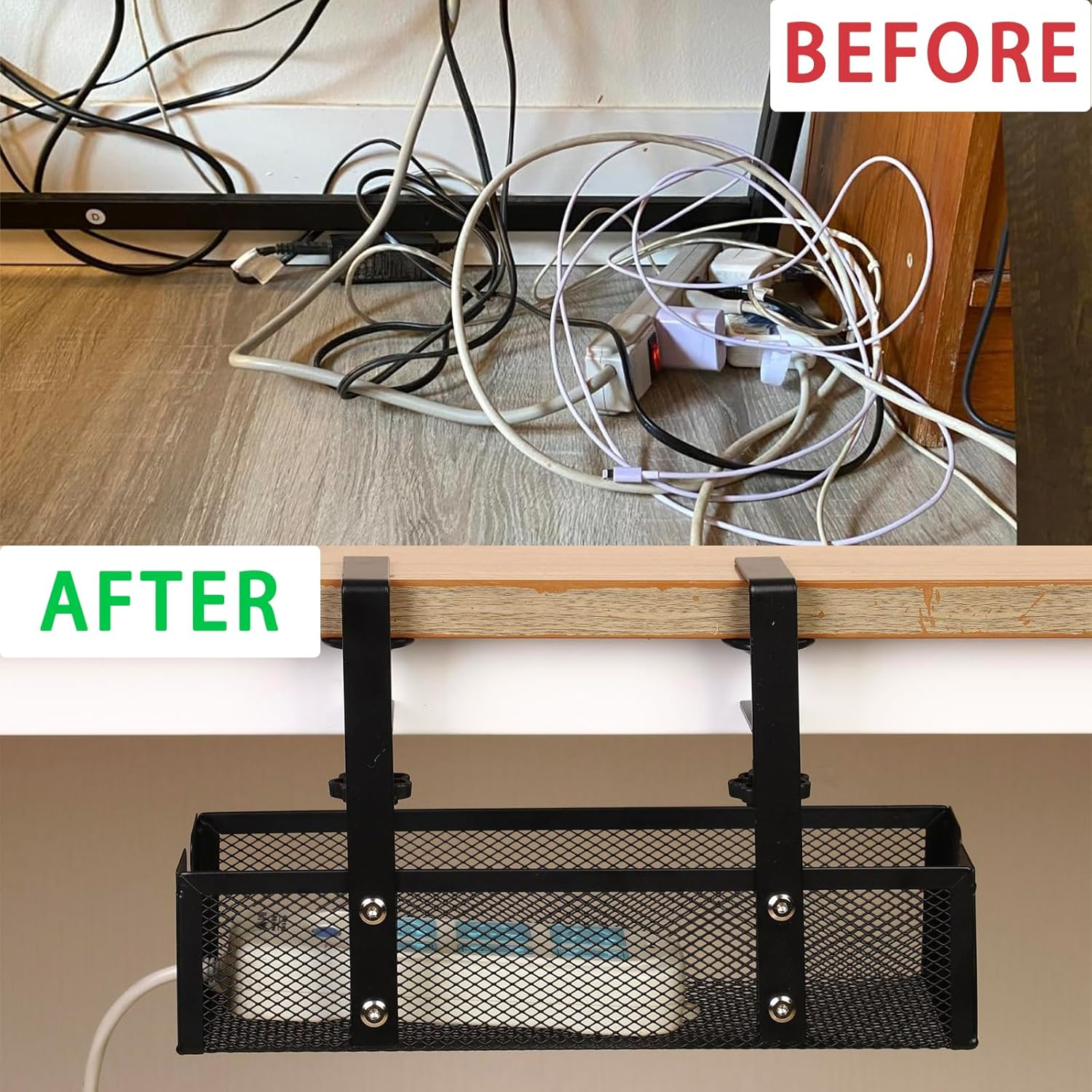 Under Desk Cable Management Tray - Easy Clamp Mount, No Drill Steel Organizer - Neat and Tidy Wire Storage for Home, Office, and Standing Desks (Black) image number 1