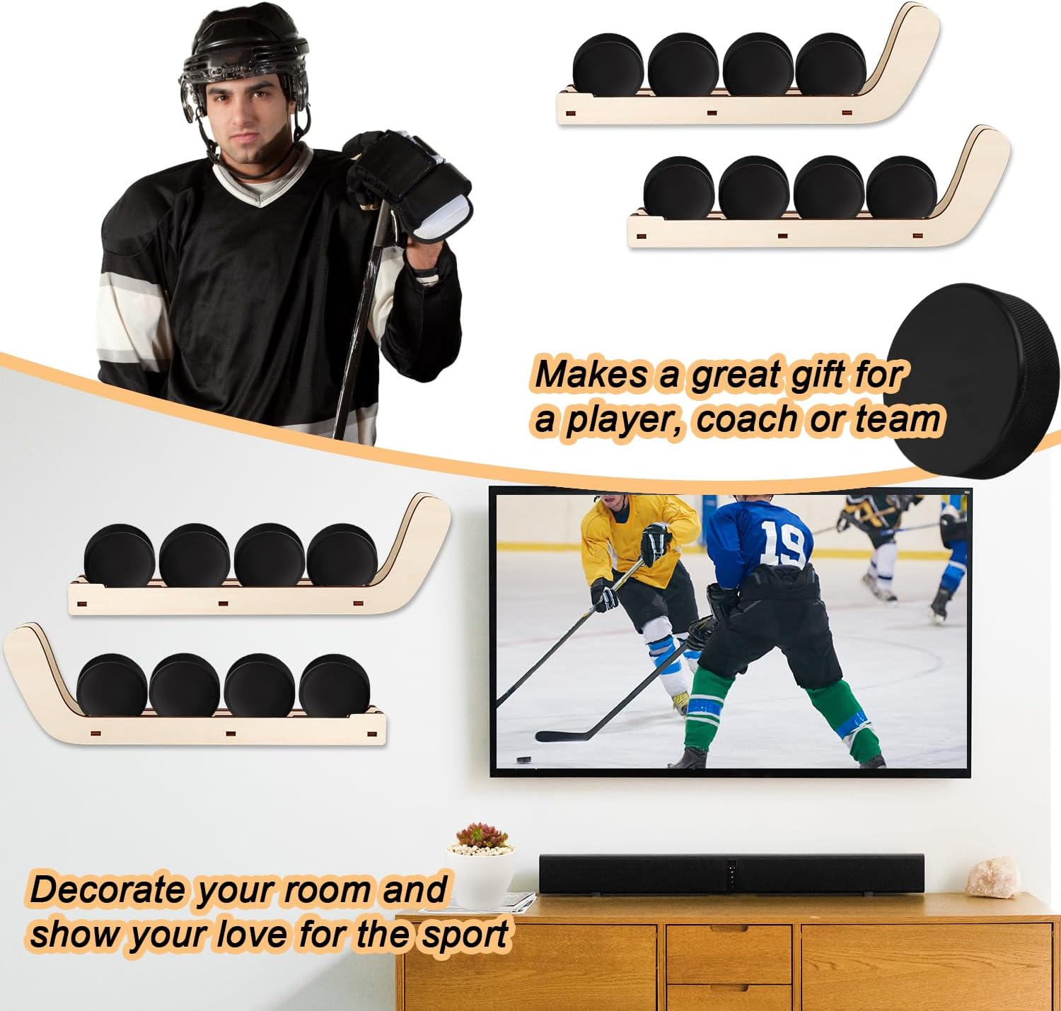 2Pcs Hockey Puck Display Cases, Wooden Hockey Puck Wall Mount Holder Hockey Puck Shelf Display Stand for Players Team Gifts Home Room Collection Storage Decoration