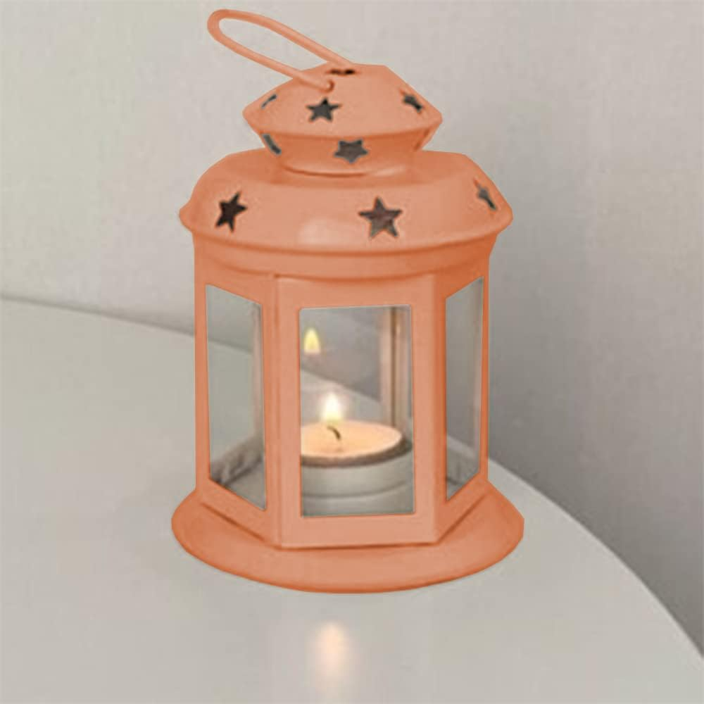 2 Pcs European Design Antique Glass Hanging Candle Lanterns with Stars Metal Frame Candlestick Holder Night Lamp, Romantic Xmas Wedding Party Decoration (Bronze) - Gold image number 6