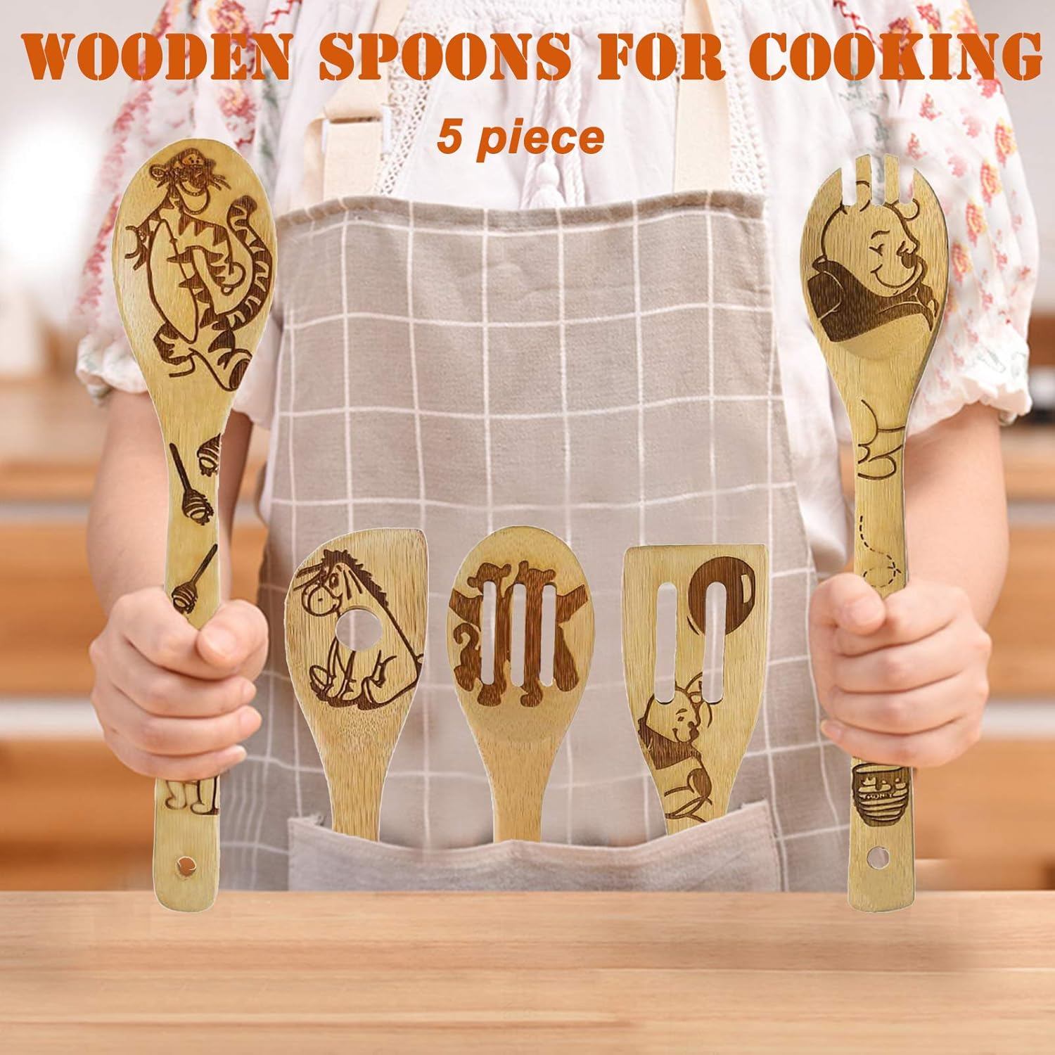 5 PCS Cartoon Wooden Spoons for Cooking,Winnie the Bear Kitchen Accessories,Cute Tiger Spatula for Kitchen Decor,Winnie Bear Kitchen Stuff,Winnie Bear Gifts for Women,Valentines Day Gifts image number 3
