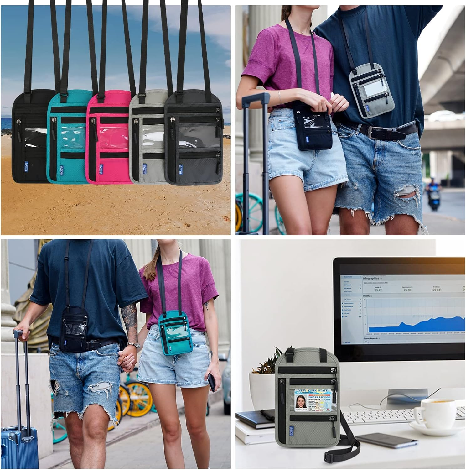 Surblue RFID Blocking Neck Wallet Travel Passport Holder Neck Pouch Vaccination Card Holder for Women and Men, Blue - Black image number 7