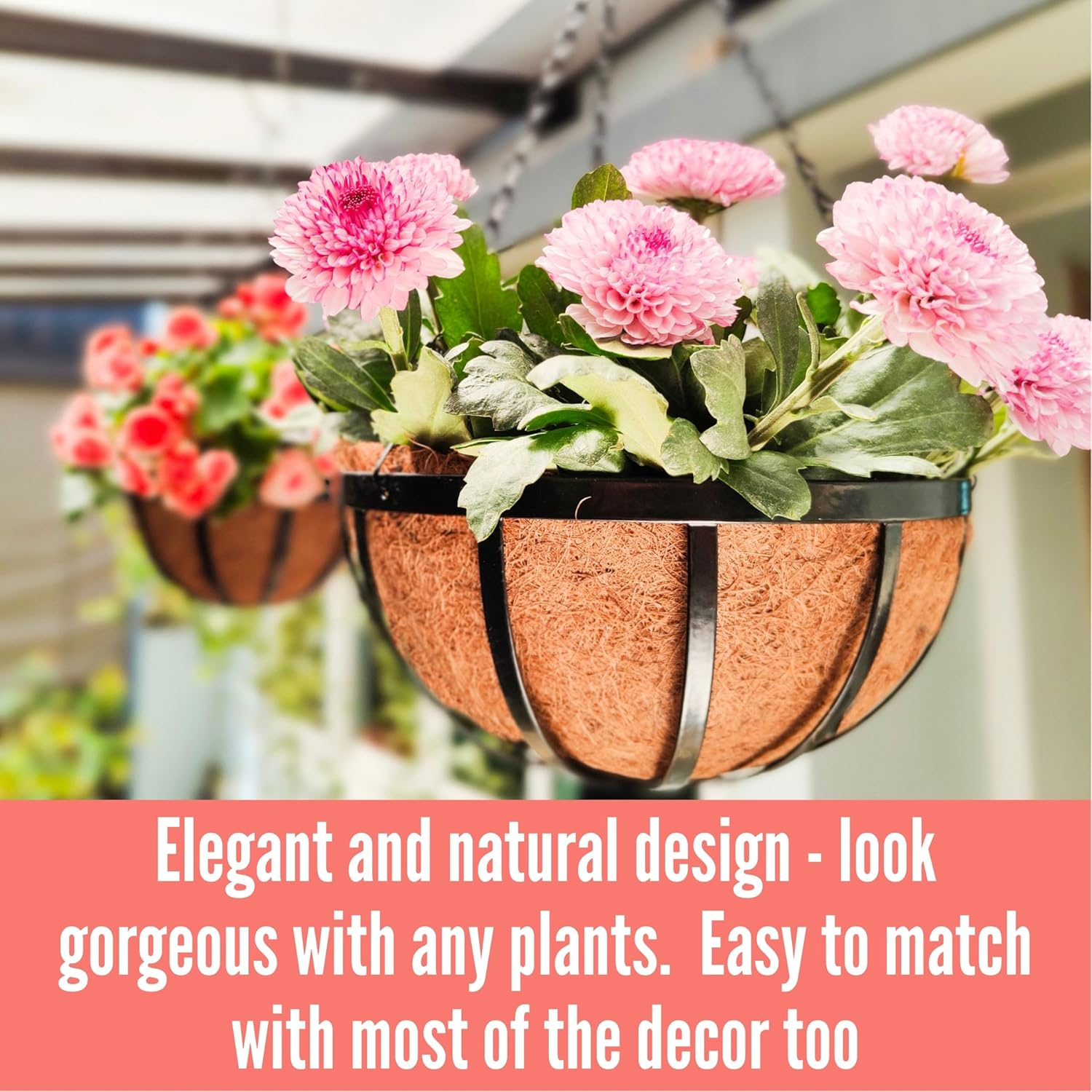 Lalagreen Outdoor Hanging Baskets for Plants Small and Cute Wire Hanging Planters with Coco Liner, Black Metal (2, 10 Inch) image number 5