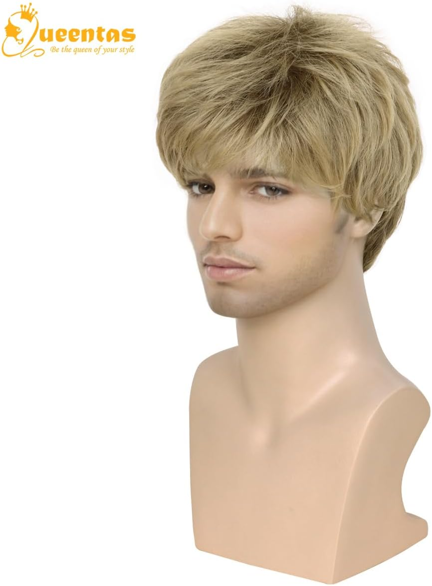 QUEENTAS Men Wig Short Blonde Brown Wigs for Men Natural Cosplay Synthetic Hair Wig image number 4