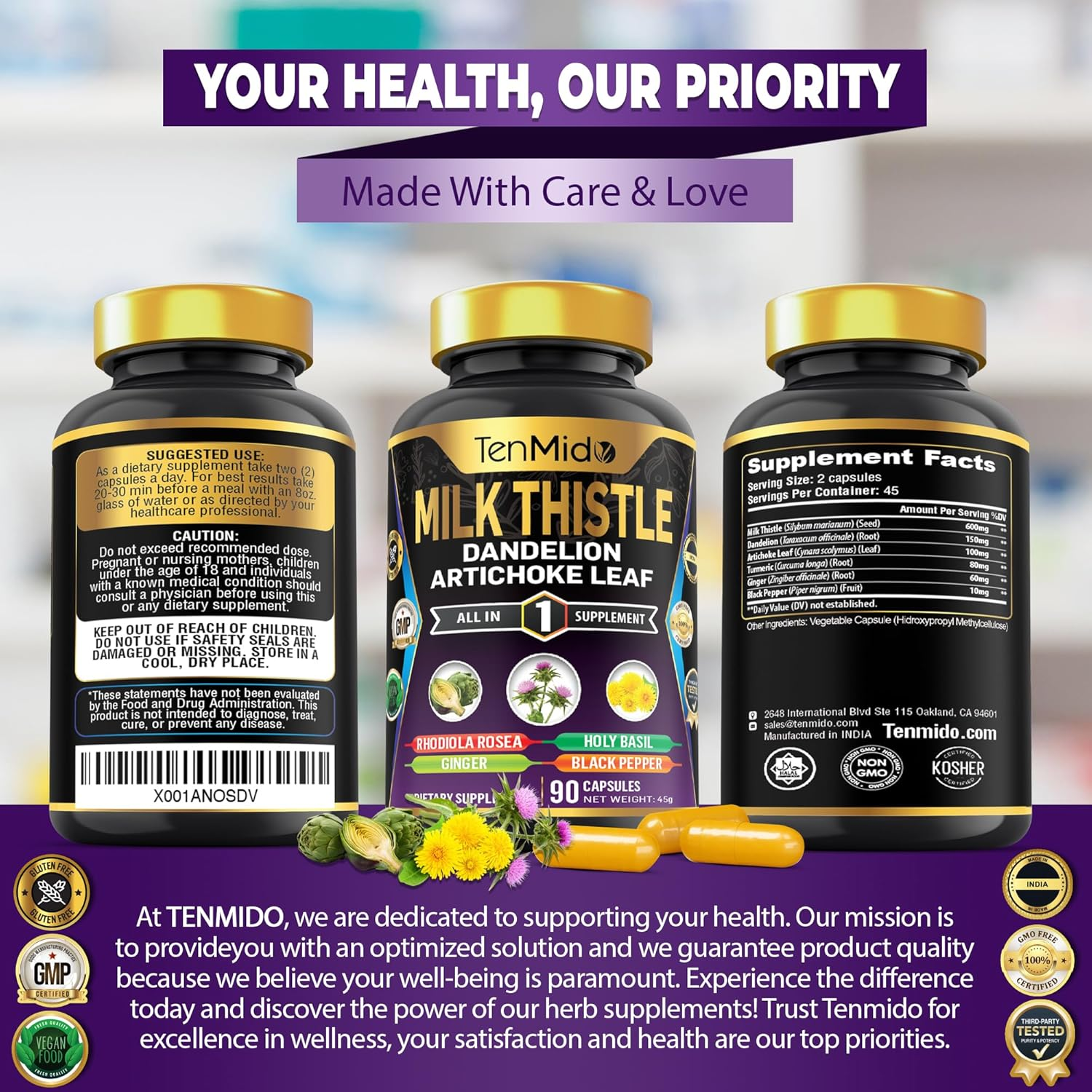 Tenmido Milk Thistle Supplements - 6In1 with Dandelion, Artichoke Leaf, Turmeric, Ginger & Black Pepper - 90 Vegan & Non-Gmo Capsules image number 4