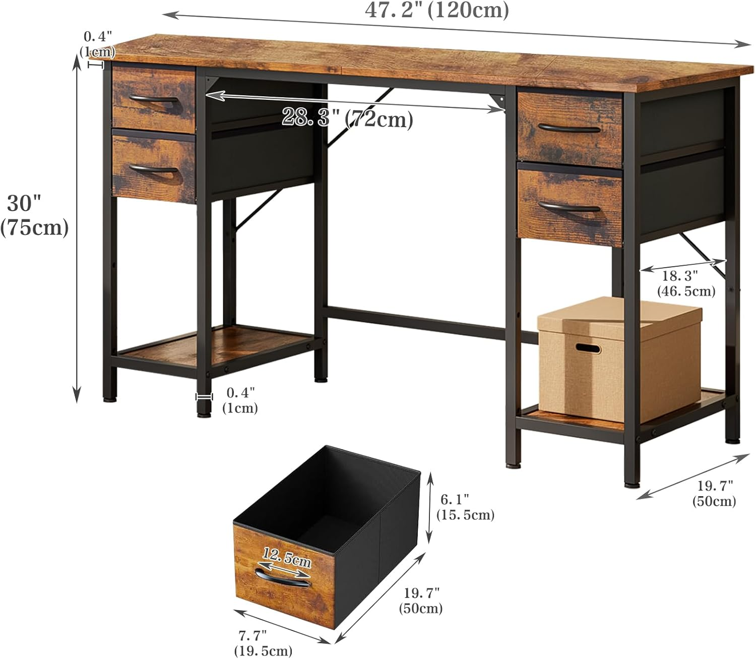 Forthcan Computer Desk, 47 Inch Office Desk Work Table with 4 Drawers, Gaming Desk with Storage, Writing Desk Work Desk for Home Office, Study, Bedroom, Rustic Brown image number 6