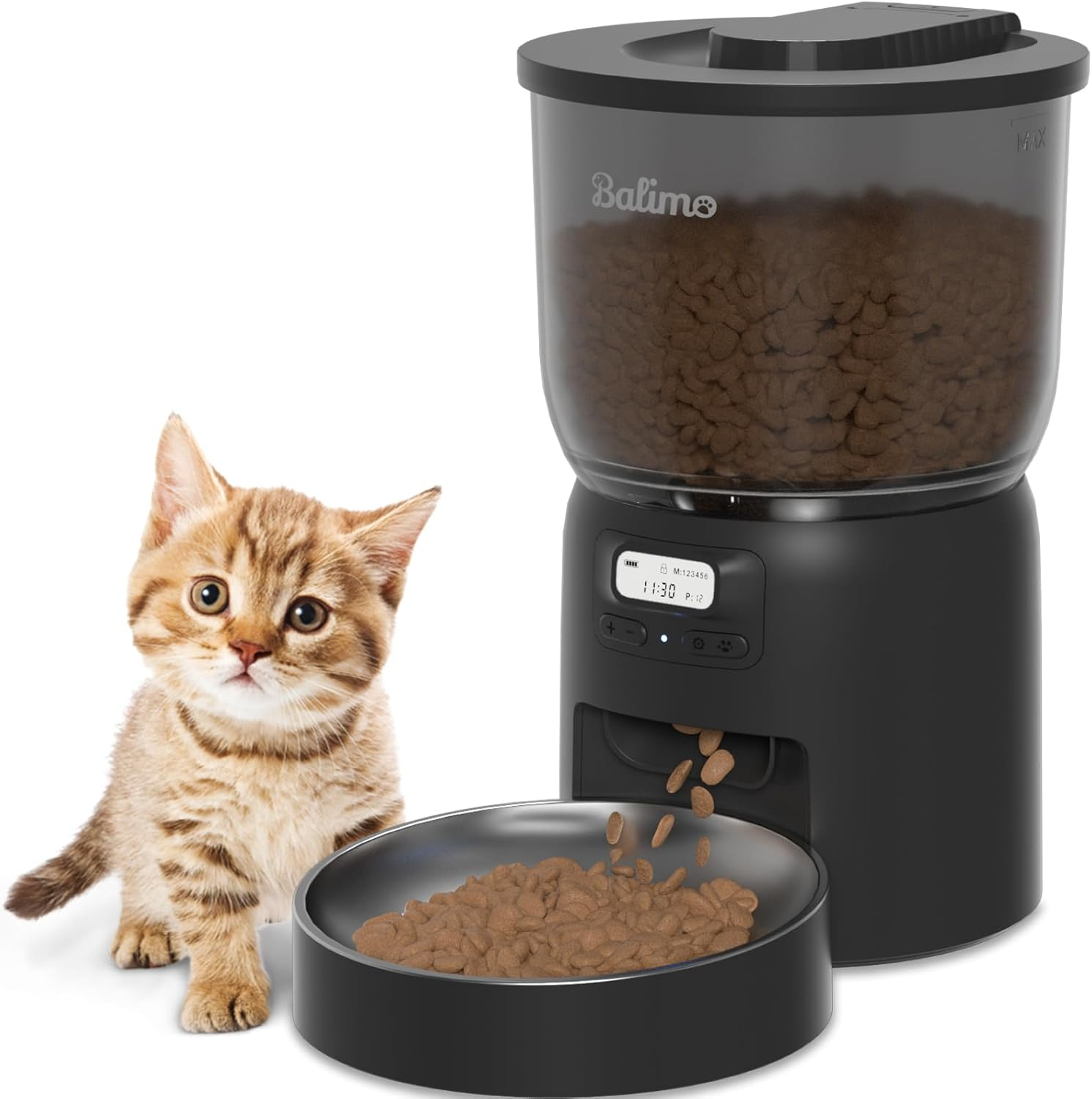 Balimo Automatic Cat Feeder, 3L Cat Food, Programmable Timer, Cat Feeder, Automatic Feeder for Cats and Dogs, 1-6 Meals a Day, with Stainless Steel Bowl Basin, White