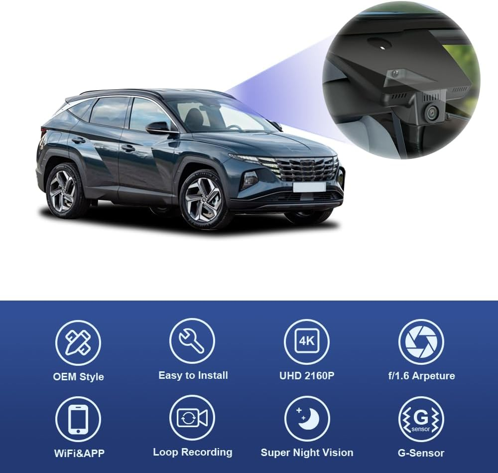 Fitcamx 4K Dash Cam Suitable for Hyundai Tucson 2022-2025 (Right Hand Drive Car), Integrated OEM Look, 2160P UHD Video, Built-In Wifi & APP Collision Sensor, Loop Recording, Easy to Install, 64GB Card image number 2