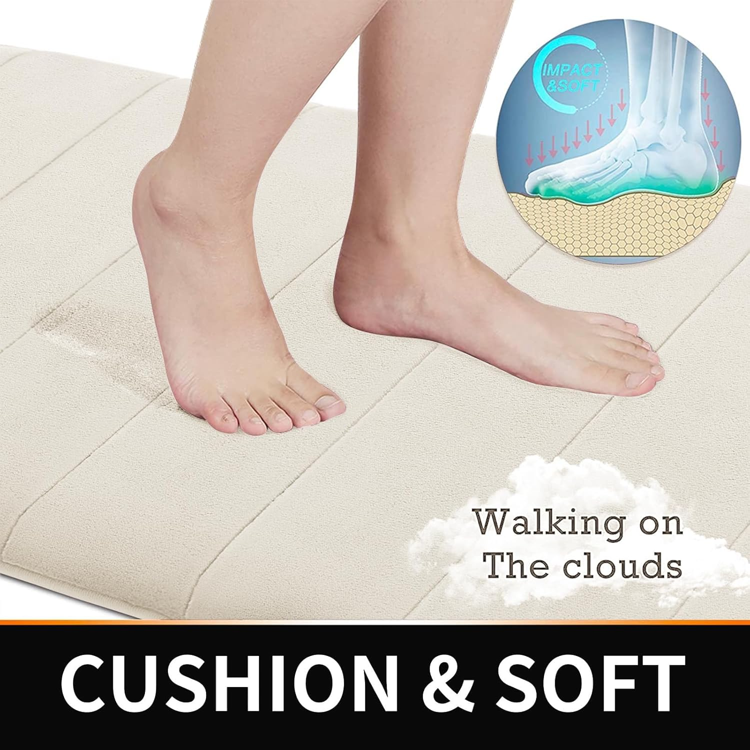 Yimobra 3 Pieces Memory Foam Bath Mat Sets, 31.5 X 19.8 + 17X24 and U-Shaped for Bathroom Rugs, Toilet Mats, Non-Slip, Soft Comfortable, Water Absorption, Machine Washable, Cream White image number 7