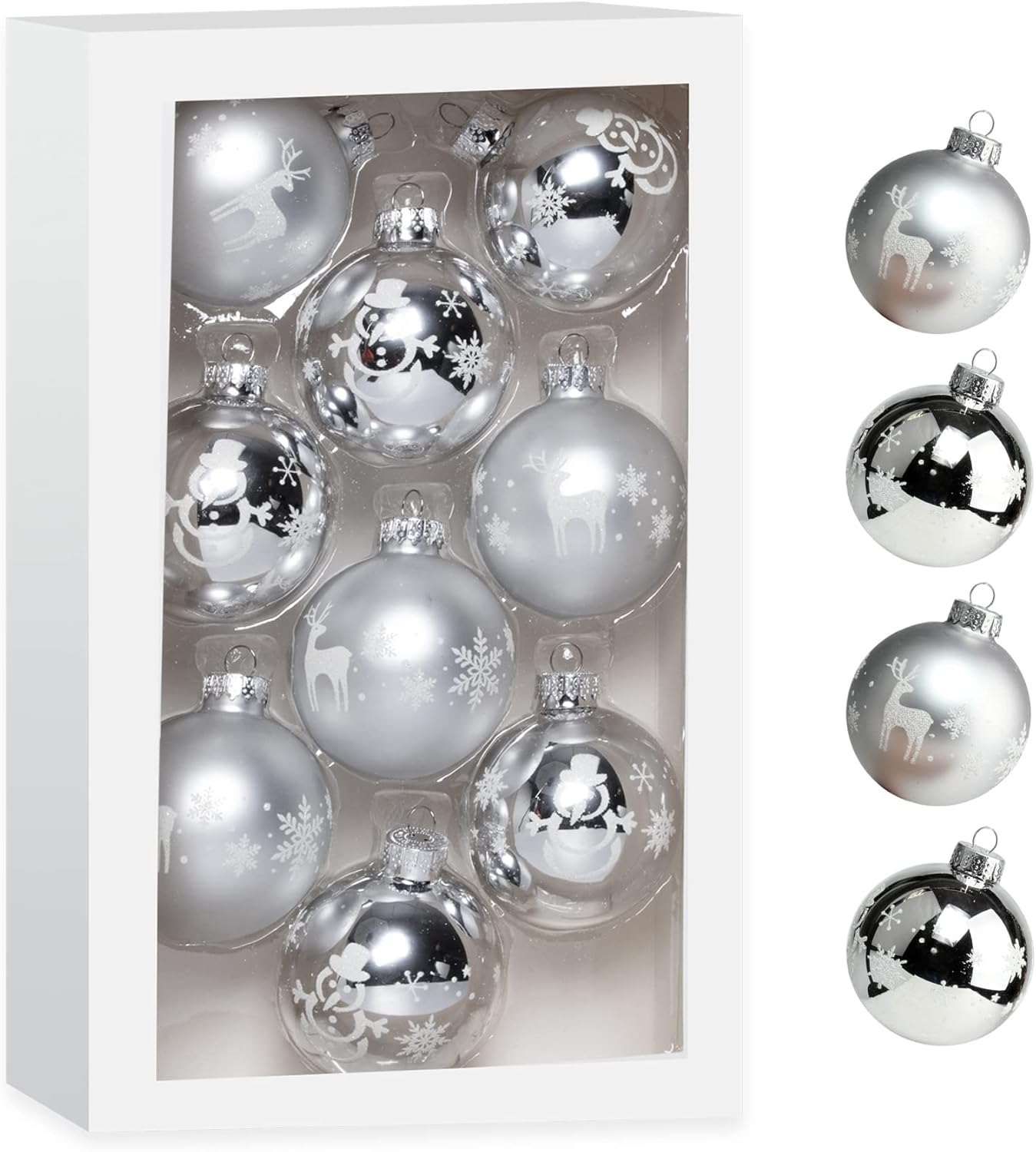 Amooca Christmas Colorful Glass Balls Decoration Festival Party Home Decors Holiday Xmas Tree Hanging Ornaments Set 9Pc 2.65In Silver Snowman & Reindeer Printing image number 3