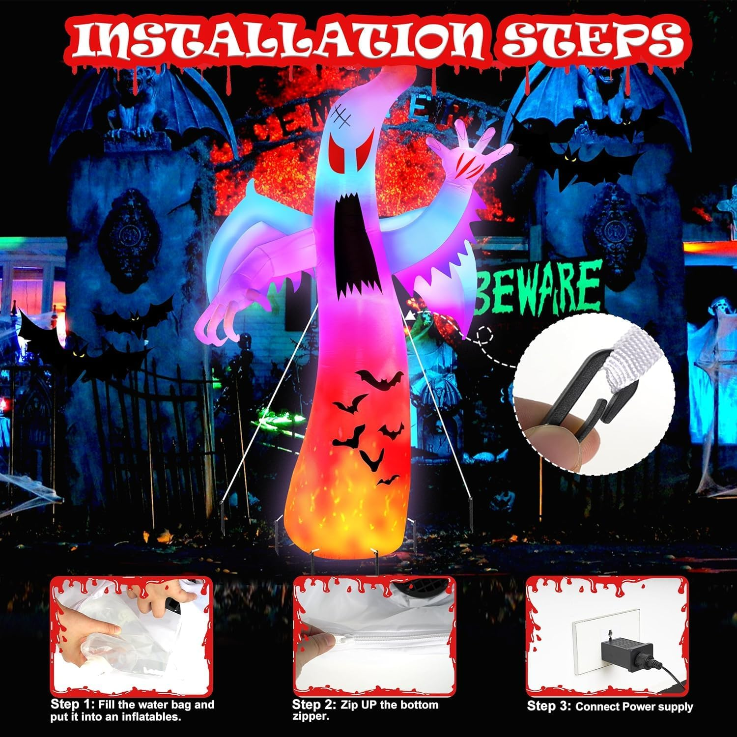 Halloween Inflatables Ghost Decorations Outdoor, 12FT Giant Ghosts of Halloween with Wings Scary Spooky Ghost Colorful Flashing and Flame for Outdoor Yard Decorations, Garden, Lawn image number 2