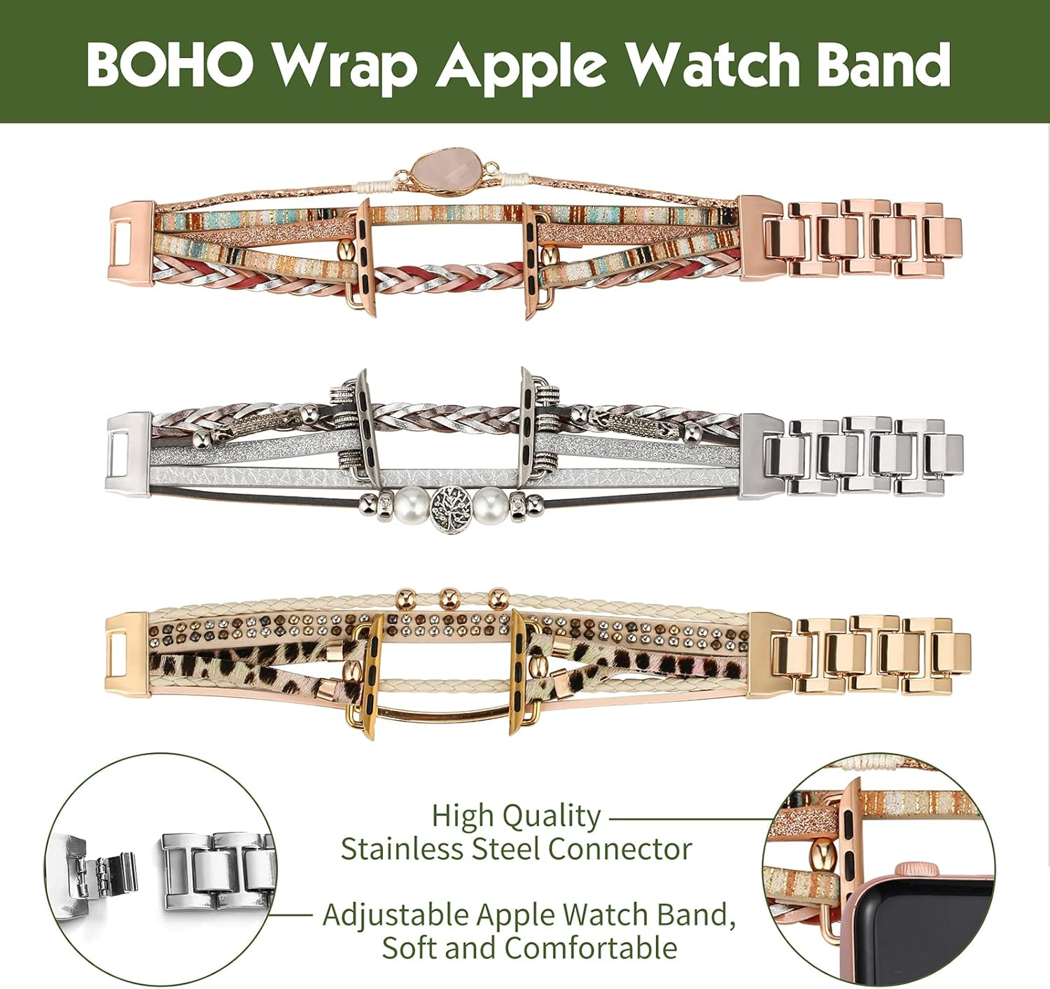 CHARMINGO Boho Leather Bands Compatible with Apple Watch Band Bracelet for Women Men 38Mm/40Mm/41Mm 42Mm/44Mm/45Mm/49Mm, Cute Apple Watch Strap for Iwatch Band Series 9/8/7/6/5/4/3/2/1/SE Ultra 2 image number 1