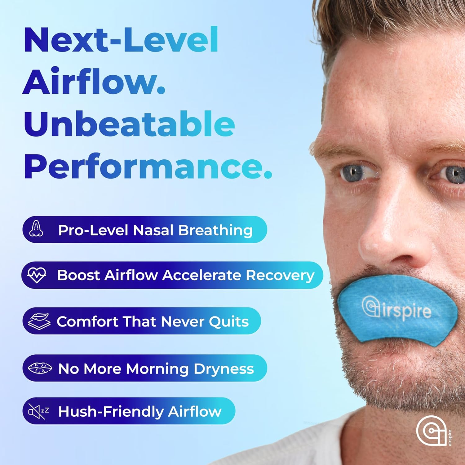 Airspire Airflow Mouth Tape - 31-Pack | Mouthtape for Sleeping & Active Lifestyles | Improve Airflow with Extra-Strength Adhesive & Contoured Design | 100% Hypoallergenic Snoring Relief & Congestion Support | 1-Month Supply Blue | image number 2