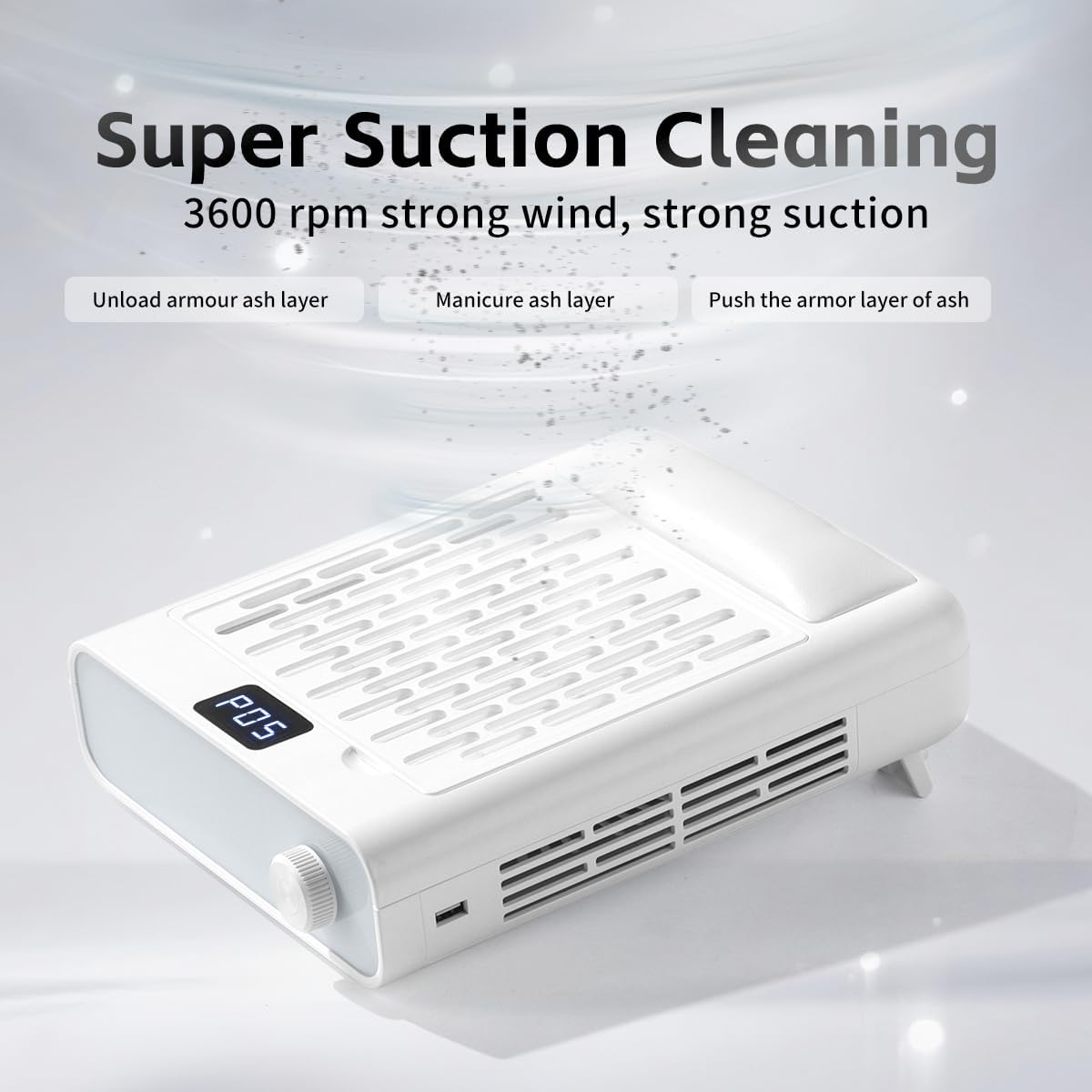 MUSILAN Nail Dust Collector with Nail Arm Rest, Professional 5-Speed Low Noise Vacuum Fan for Nail Techs, Powerful Suction Flexible Design with Adjustable Stand & USB Output Port for Salon & Home Use