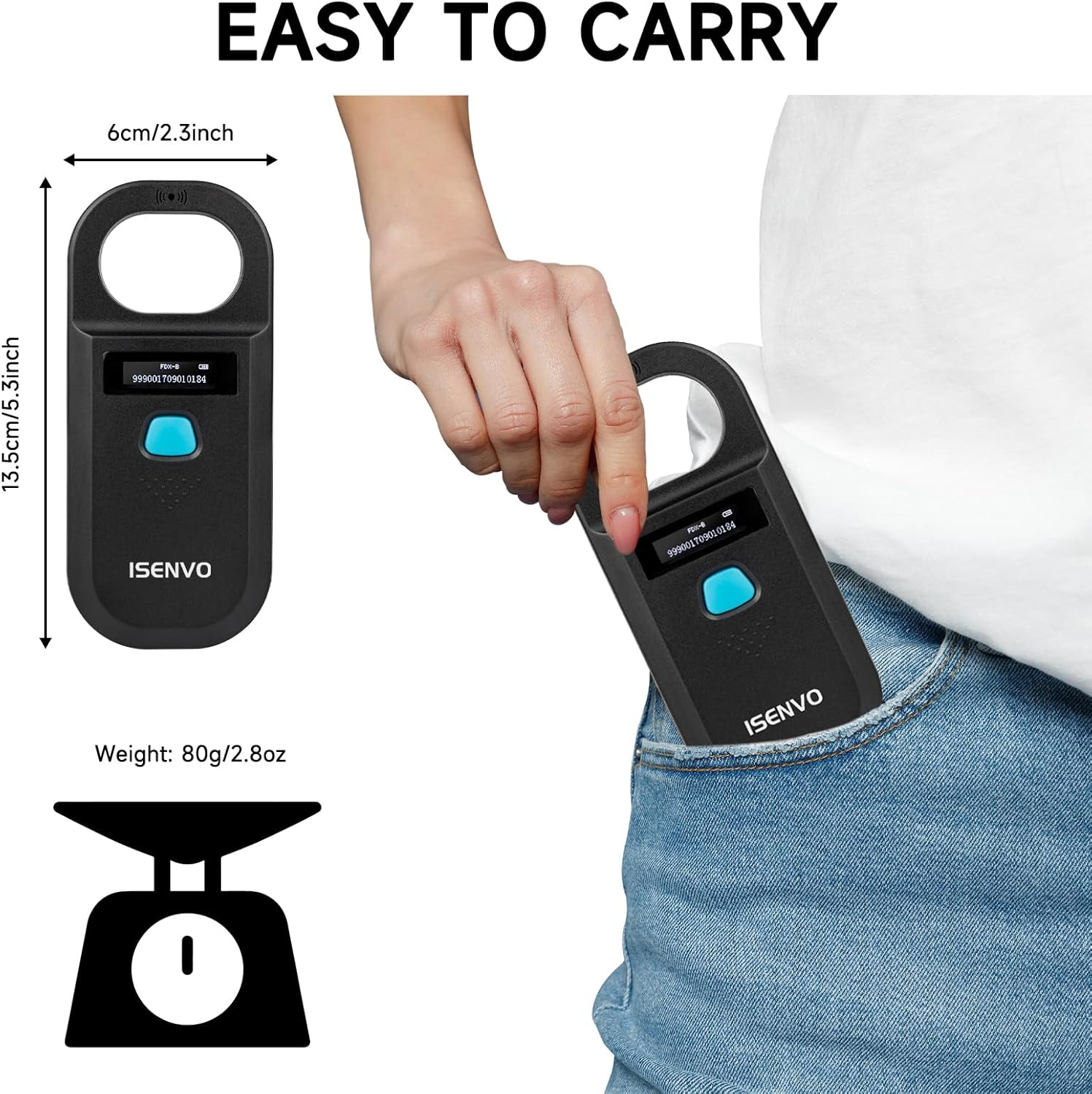 ISENVO Pet Microchip Scanner Rechargeable RFID EMID Micro Chip Reader Scanner 134.2Khz 125Khz 15 Digits Pet Chip ID Scanner for Animal/Pets/Pigs/Dogs/Cats (190A) image number 1