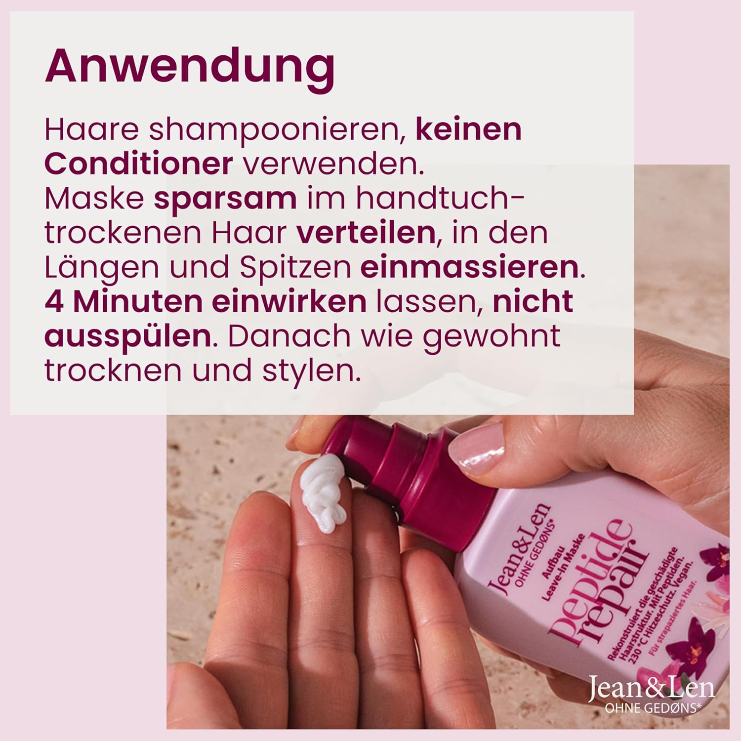 Jean & Len Leave-In Hair Mask Peptide Bond Repair for Damaged & Damaged Hair, Reconstructs & Repairs Hair Damage, Smoothes Hair Structure, Heat Protection up to 230 &deg;C, Vegan Hair Care, 100 Ml image number 6