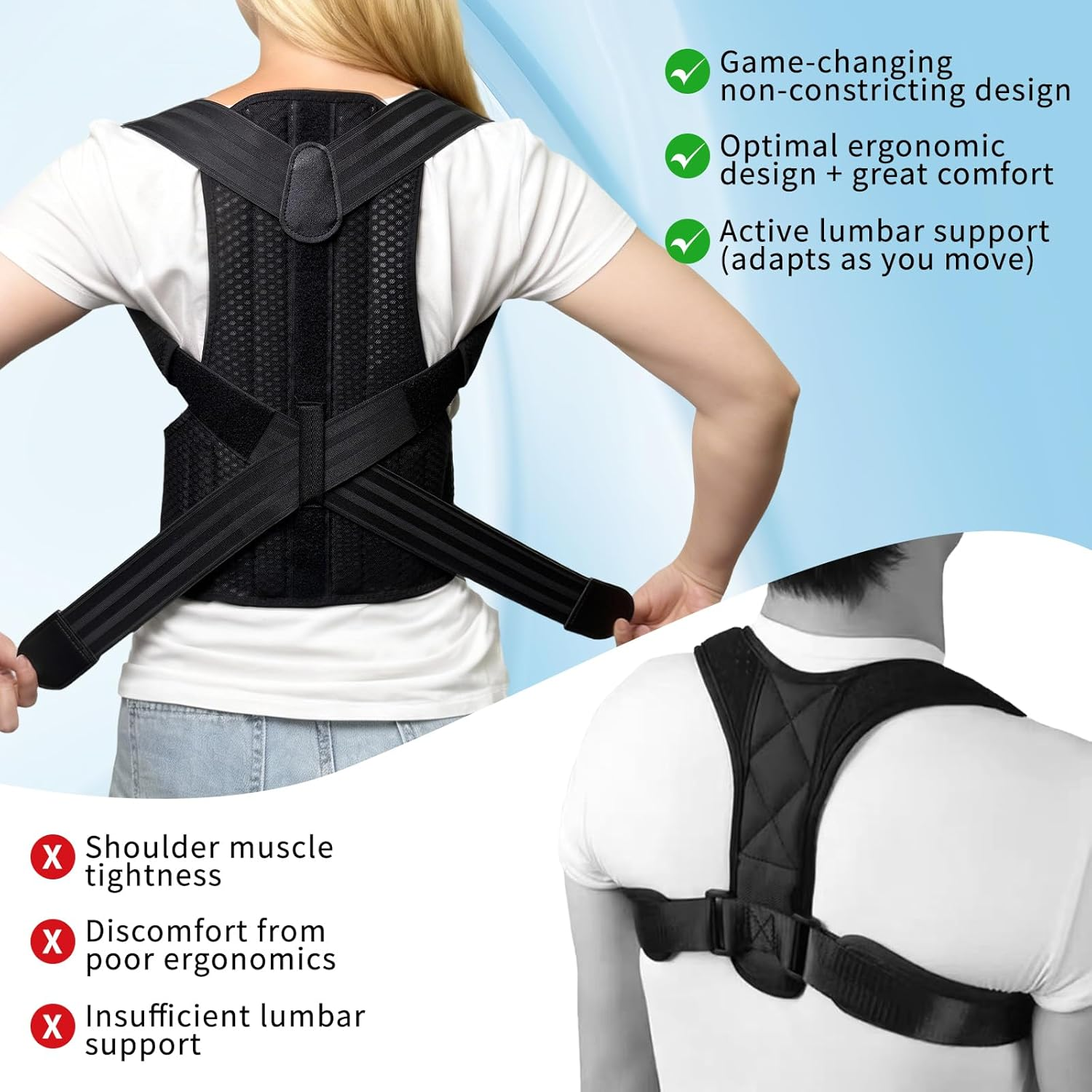 Posture Corrector, Adjustable Back Brace Posture Corrector, Shoulder Support - Breathable & Lightweight with Dual Aluminum Stays - Upper & Lower Back Pain Relief for Men and Women(Black, S) image number 2