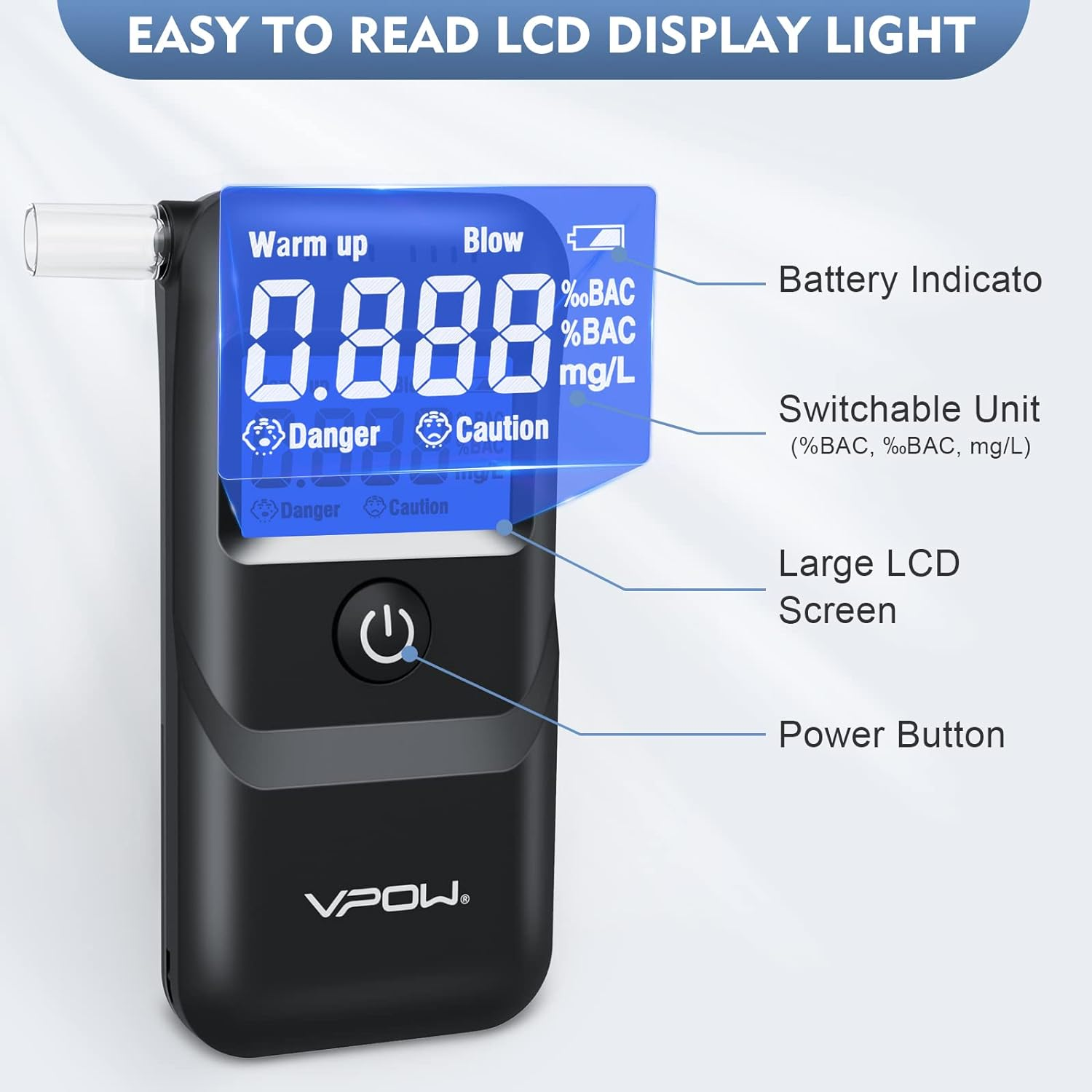 Breathalyzer, VPOW Alcohol Breathalyzer to Test Alcohol with Digital Blue LCD Display, Grade Accuracy Personal Breathalyzers Alcohol Tester for Personal Home Professional Use Blue,1.0 Count image number 2