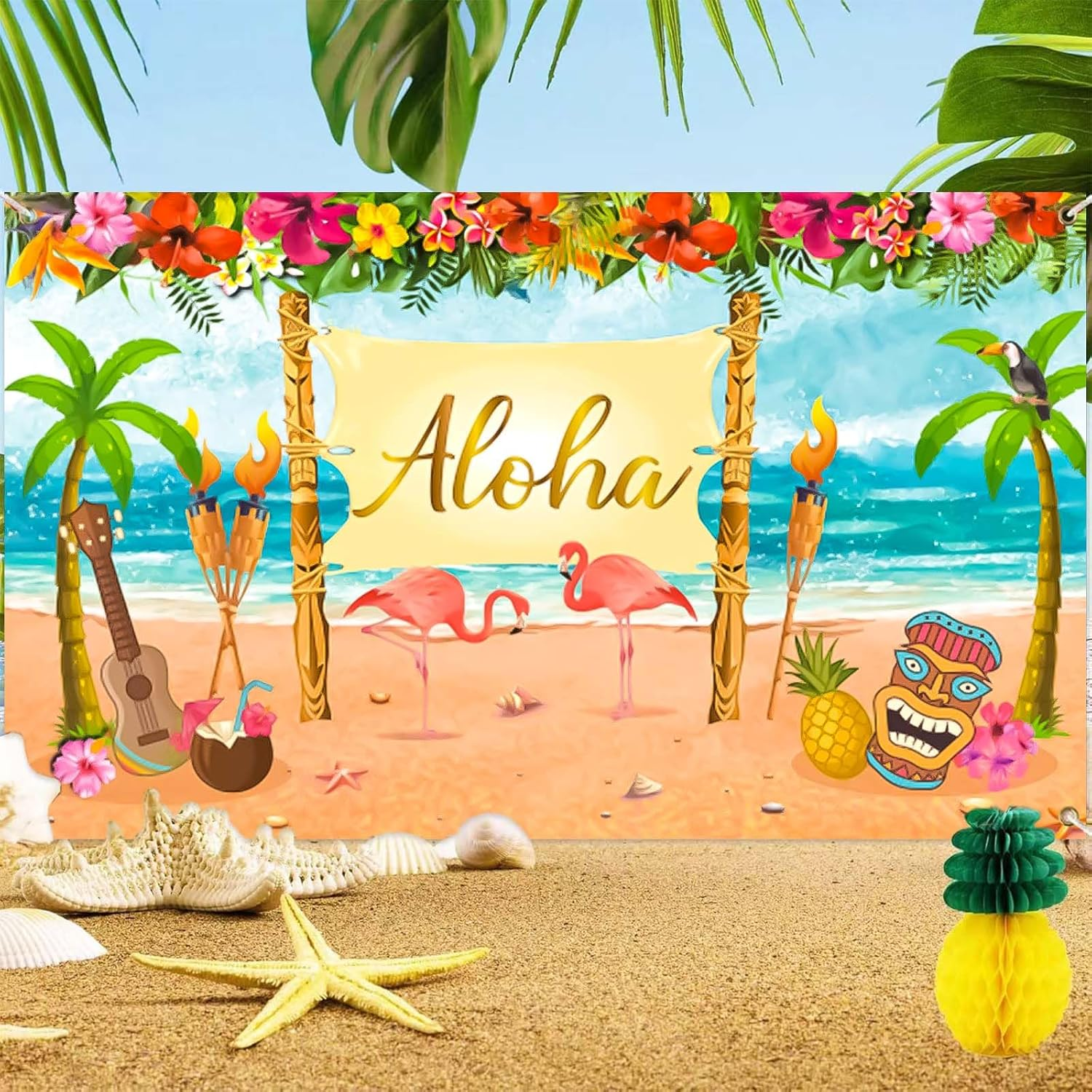 CHEUNGHAO Hawaiian Aloha Party Decoration, 185 X 110 Cm Extra Large Summer Luau Beach Party Banner Backdrop Background Photography for Baby Shower Tropical Themed Decoration Birthday Musical Party