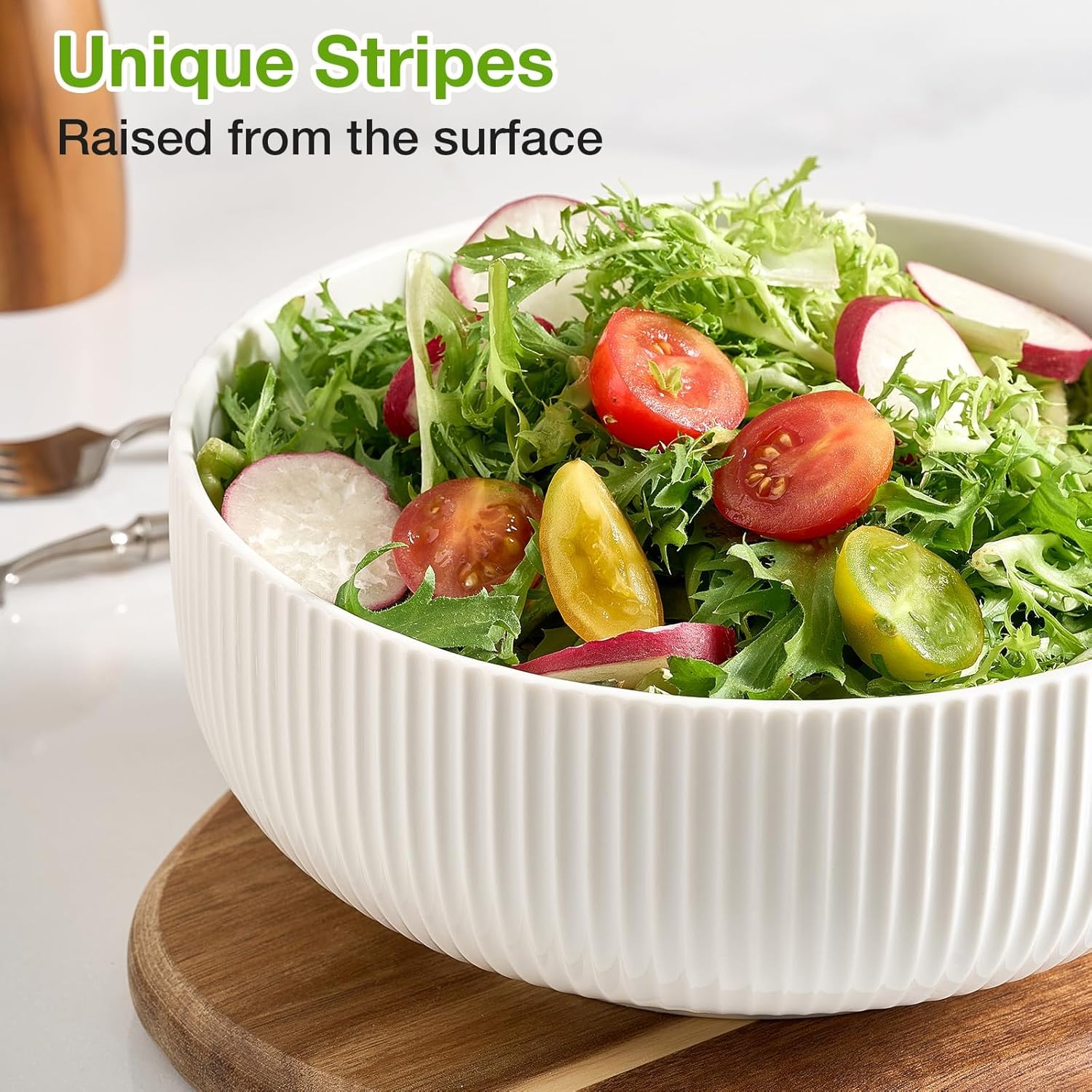 D&D EVA 2 Pack Salad Bowl, 8 Inch 60 Oz Large Serving Bowl Set, Deep Bowl for Kitchen, White Ceramic Bowl Set for Soup, Cereal, Ramen, Pasta, Salad, Dishwasher & Microwave Safe, Easy Clean