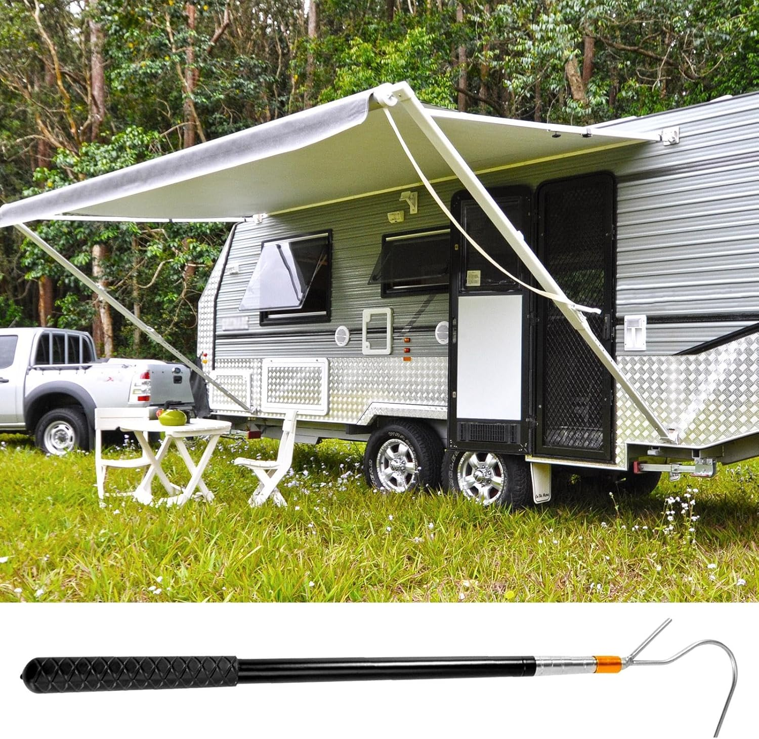 RV Awning Tool, Awning Puller, Tent Shelter Puller Rod, Portable RV Awning Opener Rod with Locking Sections, Extendable 21-63 Inch Stainless Steel Puller for Awnings, Tents, and Shelters image number 5