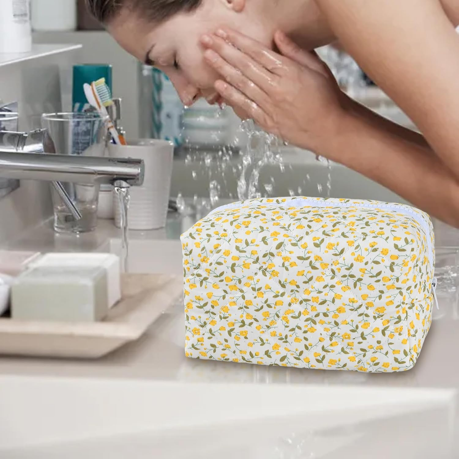 Pack of 2 Quilted Cosmetic Bags with Floral Pattern (Yellow) Made of Soft Cotton Material & Mesh Makeup Bag (Beige), Makeup Organiser for Women, Portable Toiletry Bag for Travel and Everyday Use image number 6