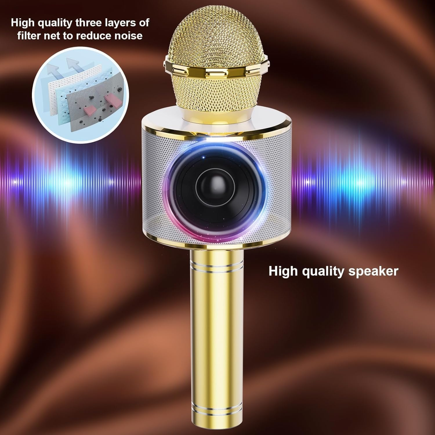Kids Wireless Karaoke Microphone Machine,Bluetooth Microphone Toys for Girls, Birthday Gifts for Girls Boys 3 4 5 6 7 8 9 10 11 12 Year Old Kids Toys, Home KTV - Gold Color - Gold image number 3