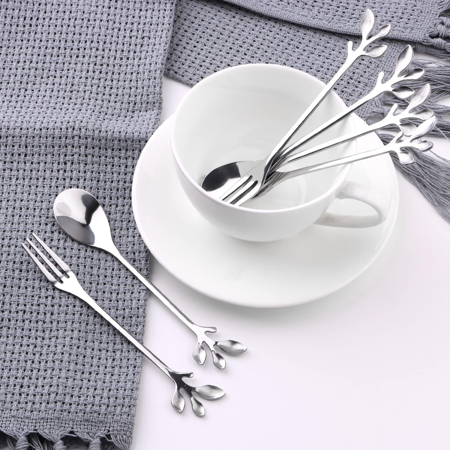 Stainless Steel Leaf Appetizercake Fruit Fork,10Pcs Leaf Handle Small Coffee Spoons and Dessert Fork,Stainless Steel Leaf Coffee Spoon and Fork,Stainless Steelleafcoffeespoonandfruitfork,Silver - Silver image number 2