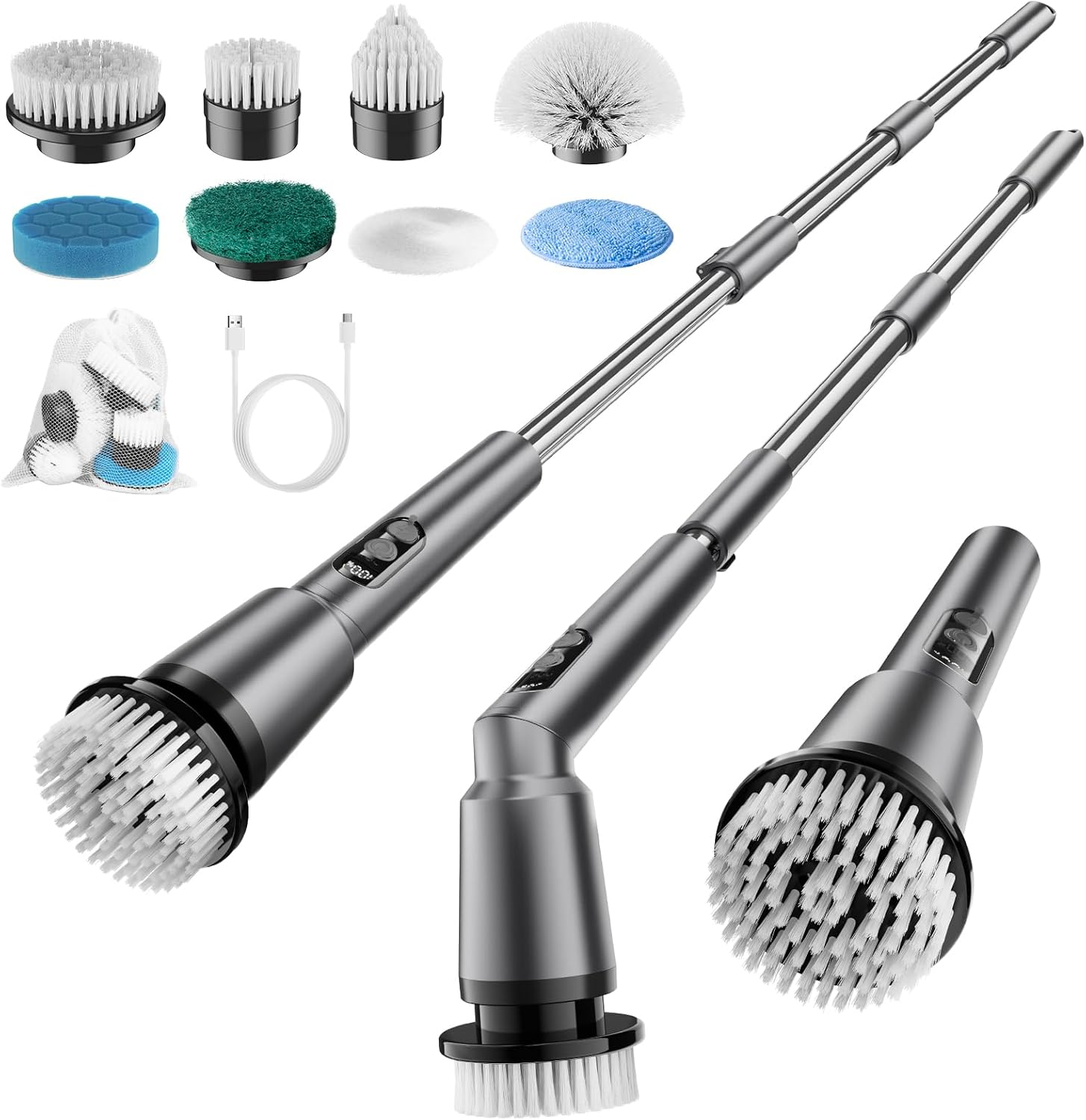 Kliburash Electric Spin Scrubber with Remote Control, IPX7 Cordless Cleaning Brush with 8 Brush Heads, 2 Adjustable Angles, Long Handle Power Scrubber for Bathroom, Shower,Bathtub,Floor-White