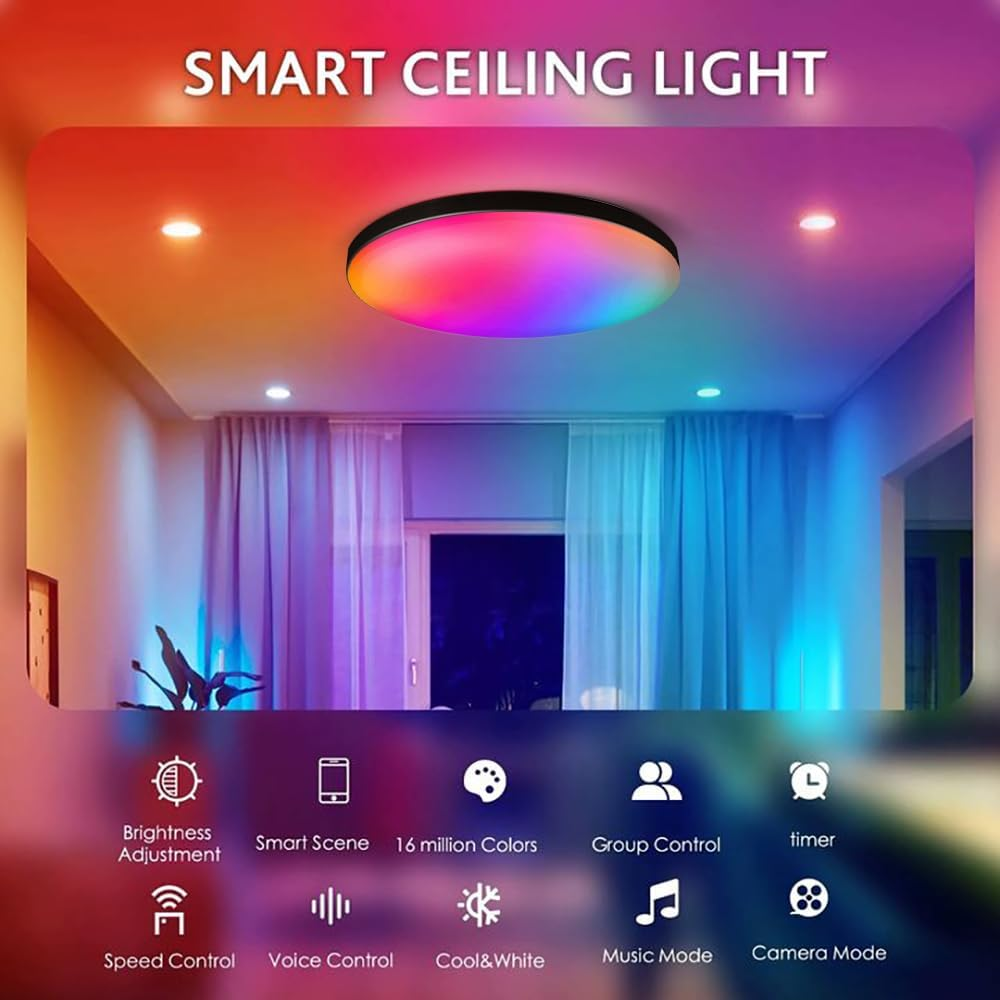 SILAMPDI Led Ceiling Light Wifi Tuya Control, 24W Smart Ceiling Light Black, RGB Mode with Remote Control 16 Million Colors Timer & Memory 3000K-6500K Connect Alex Google Siri for Bedroom Living Room image number 4
