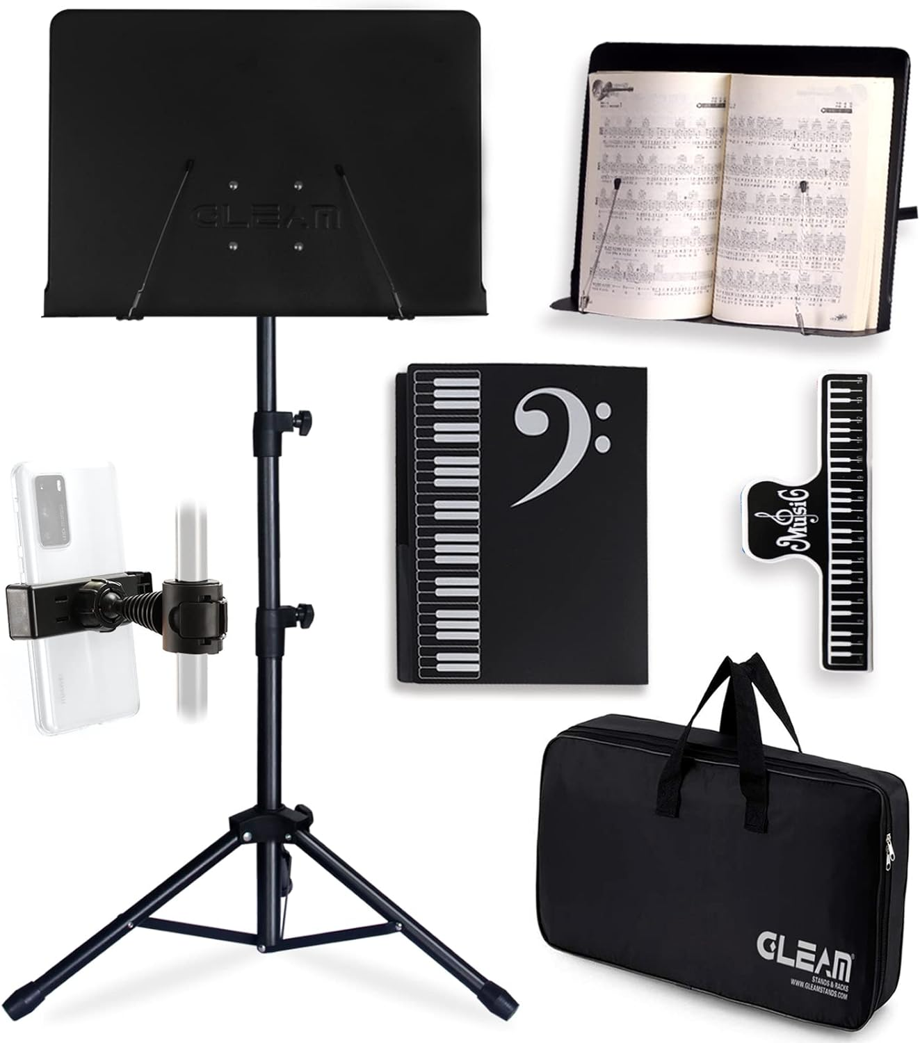 GLEAM Sheet Music Stand - 5 In1 Desktop Book Stand Metal with Carrying Bag Folder and Clamp image number 5
