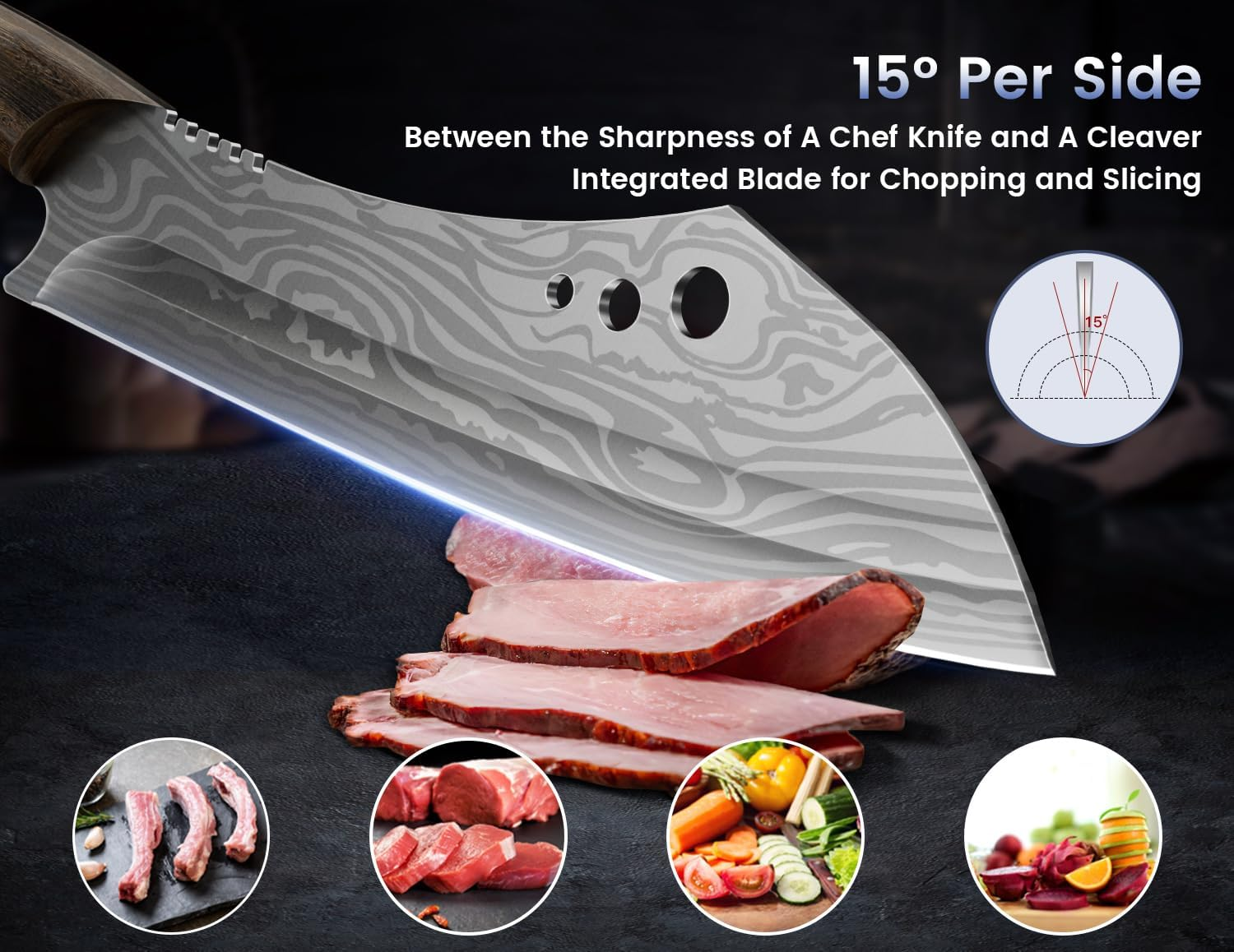 Butcher Knife, 10 Inch Meat Cleaver Chef Knife with Herb Stripper, Japanese Style High Carbon Steel Kitchen Knife for Chopping & Slicing, Damascus Pattern Full Tang Wood Handle Ideal for Gift image number 5