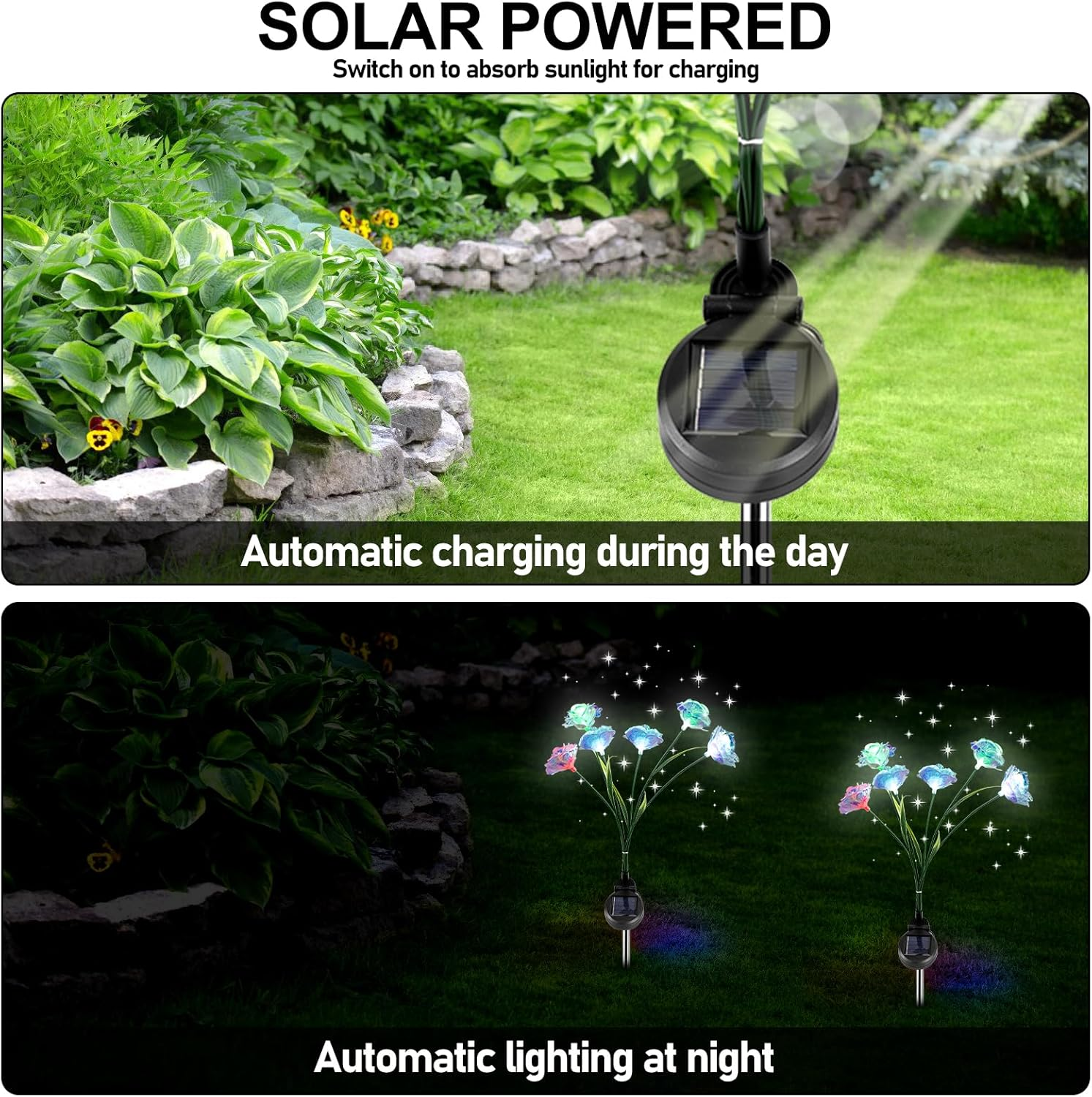 Pack of 2 LED Solar Lights Flower, Rose Petal Solar Garden Lights for Outdoor Garden, IP65 Waterproof Swinging Solar Garden Lights for Yard, Patio, Walkway Decoration image number 6