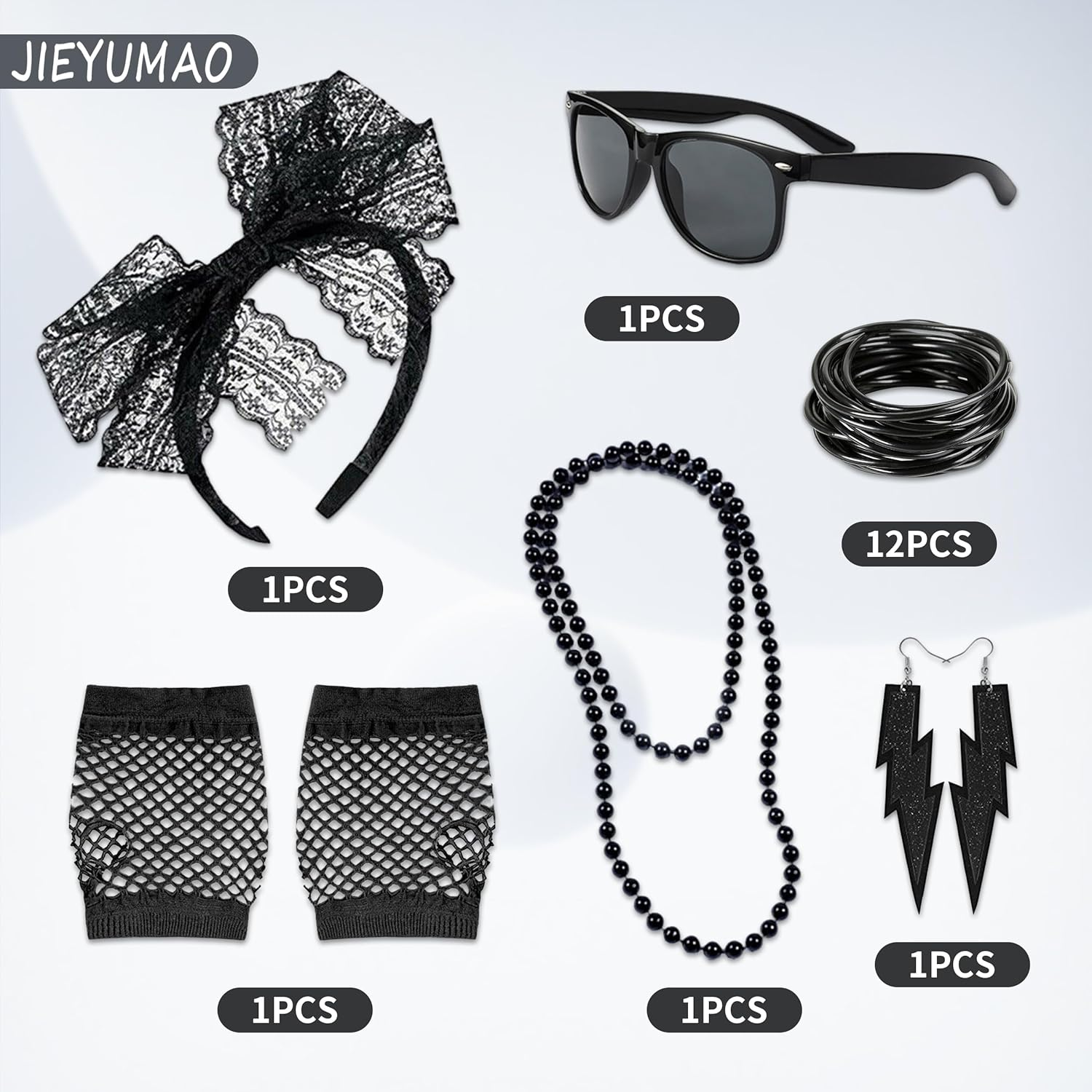 JIEYUMAO 80S Accessories, 6Pcs 80S Costume Accessories for Women, Fancy Dress Accessories with Lace Headband Earrings Fishnet Gloves Necklace Bracelet Black Glasses for Theme Party image number 1