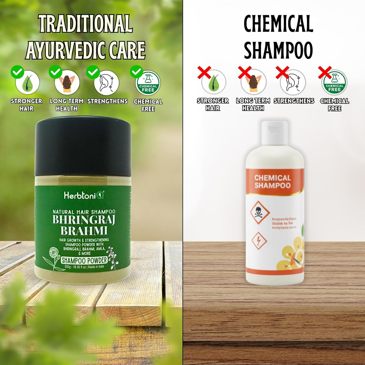 Herbtoniq Bhringraj Brahmi Shampoo Powder with Organic Ingredients Amla Shikakai Hibiscus and Many More | for Hair Fall Reduction, Dandruff Control, Helps Hair Growth | Unisex Product | 500 Gram image number 1