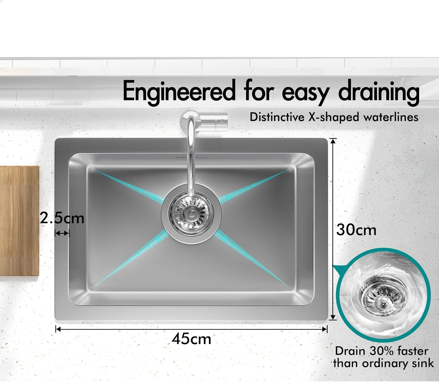 ALFORDSON 304 Stainless Steel Kitchen Sink Rectangle Shape, 450 X 300 X 220Mm, Water Basin Sinks with 3Mm Thick Edge, Single Spacious Bowl with Waste Strainer, Dishwashing Workstation, Silver Color - Silver image number 3