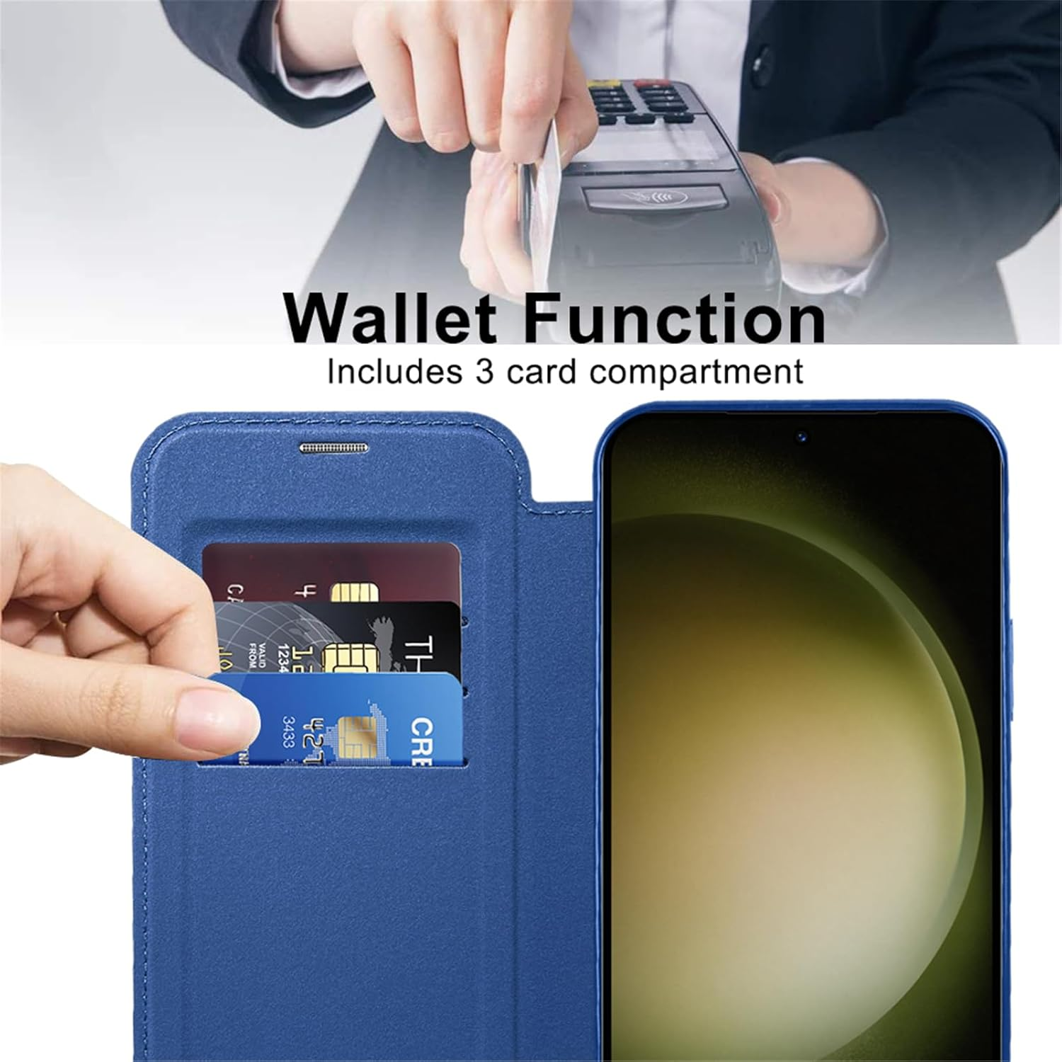 IMEIKONST Magnetic Case for Samsung Galaxy S23 plus Compatible with Magsafe, Premium PU Leather Flip Card Holder, Clear Shockproof Protective Mobile Phone Case for Samsung S23 Plus. Dark Blue JDCX image number 3