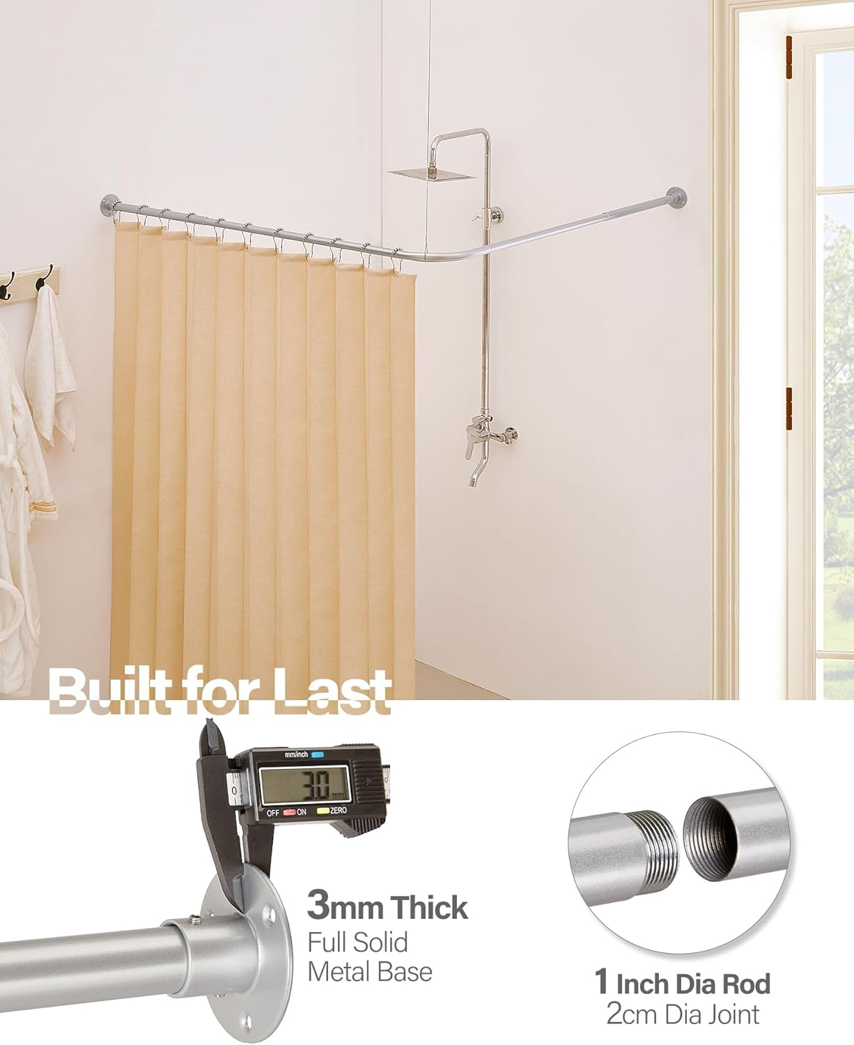 Crkmire Corner Shower Curtain Rod, Silver Gray [24"-53"] X [24"-53"] Adjustable L Shaped Shower Rod No-Sagging 90 Degree Curved Curtain Rod for Bathroom Bathtub with 12 Ring Hooks & Ceiling Support image number 5