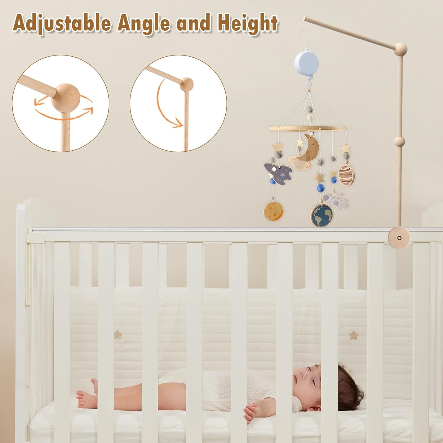 Baby Crib Mobile Arm 27Inch Wooden Crib Mobile Holder with Clockwork Music Box anti Slip Baby Mobile Holder Arm Safe Nursery Baby Mobile Hanger for Crib Baby Bed Nursery Decor image number 6