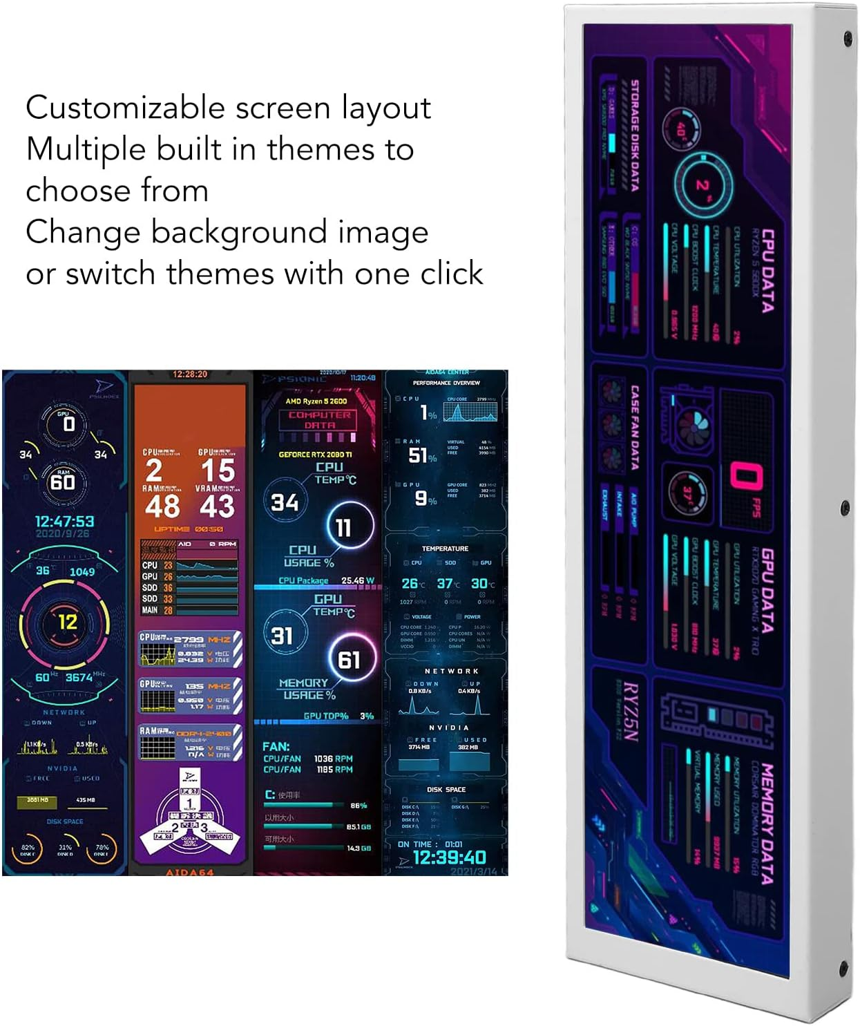 PC Temperature Monitor LCD Screen - 8.8 Inch 1920X480 IPS Secondary Display for ARGB Computer Case (White) image number 6